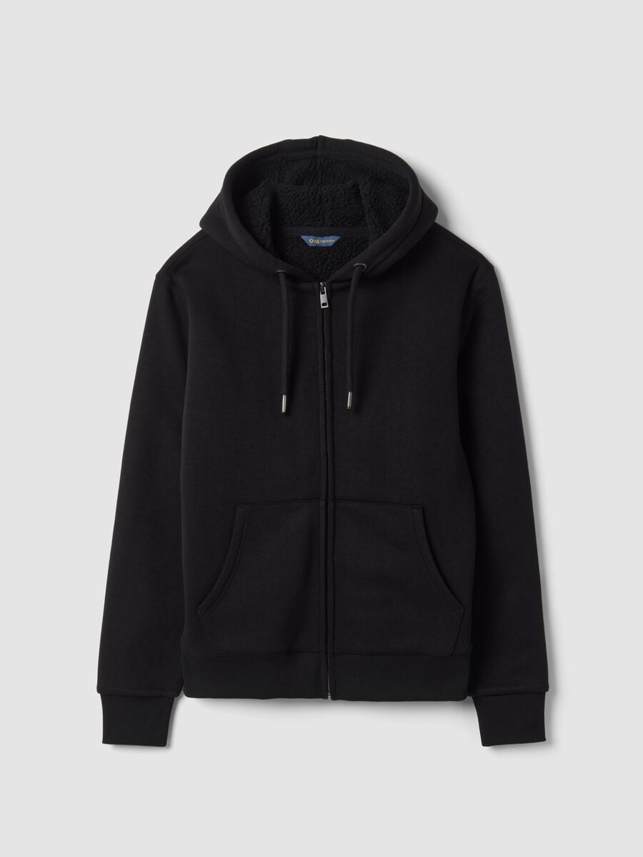 Felpa nera in misto cotone fleece con cappuccio regular fit_0