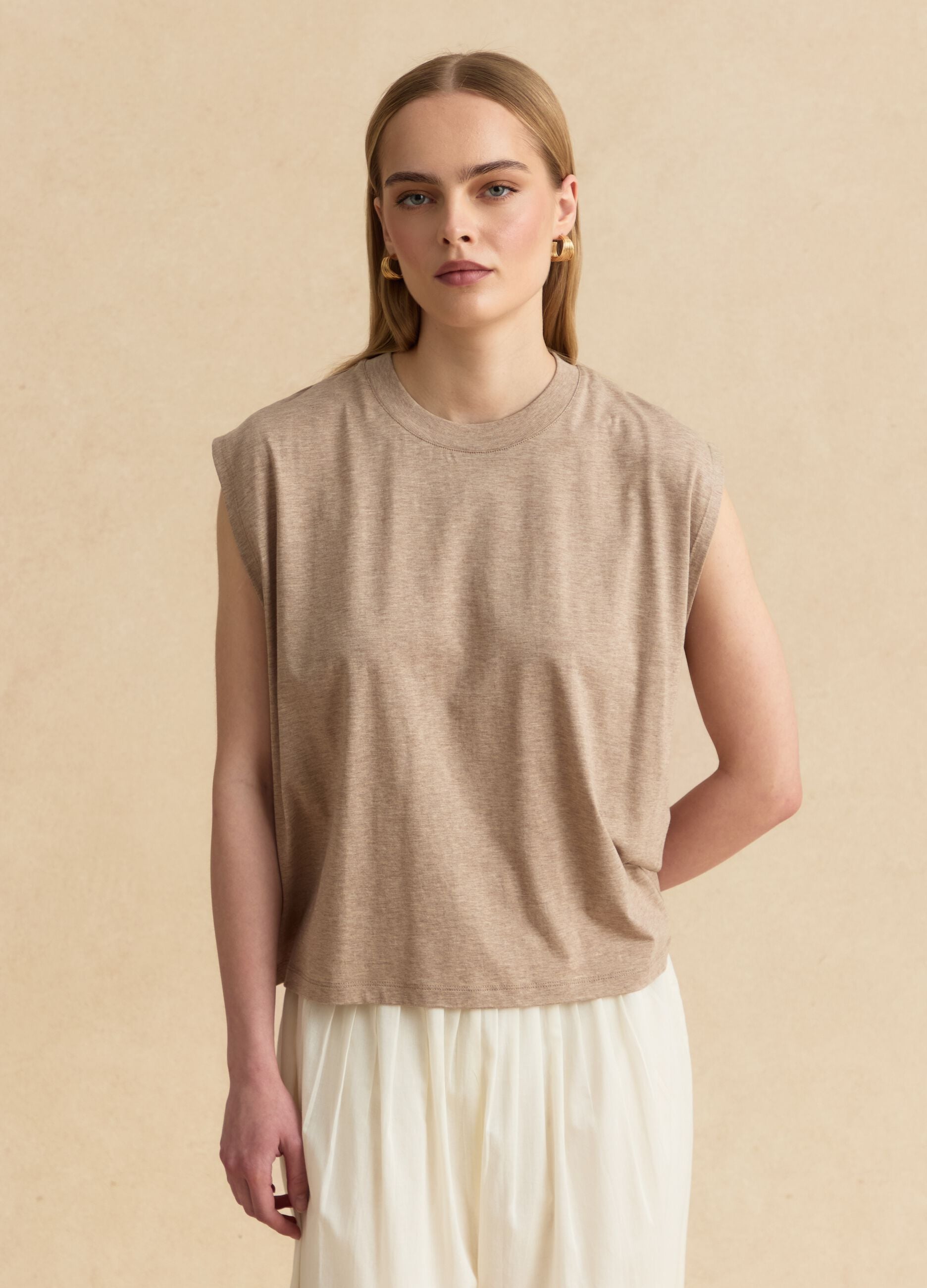 Beige regular-fit lyocell and cotton blend T-shirt with wide sleeves