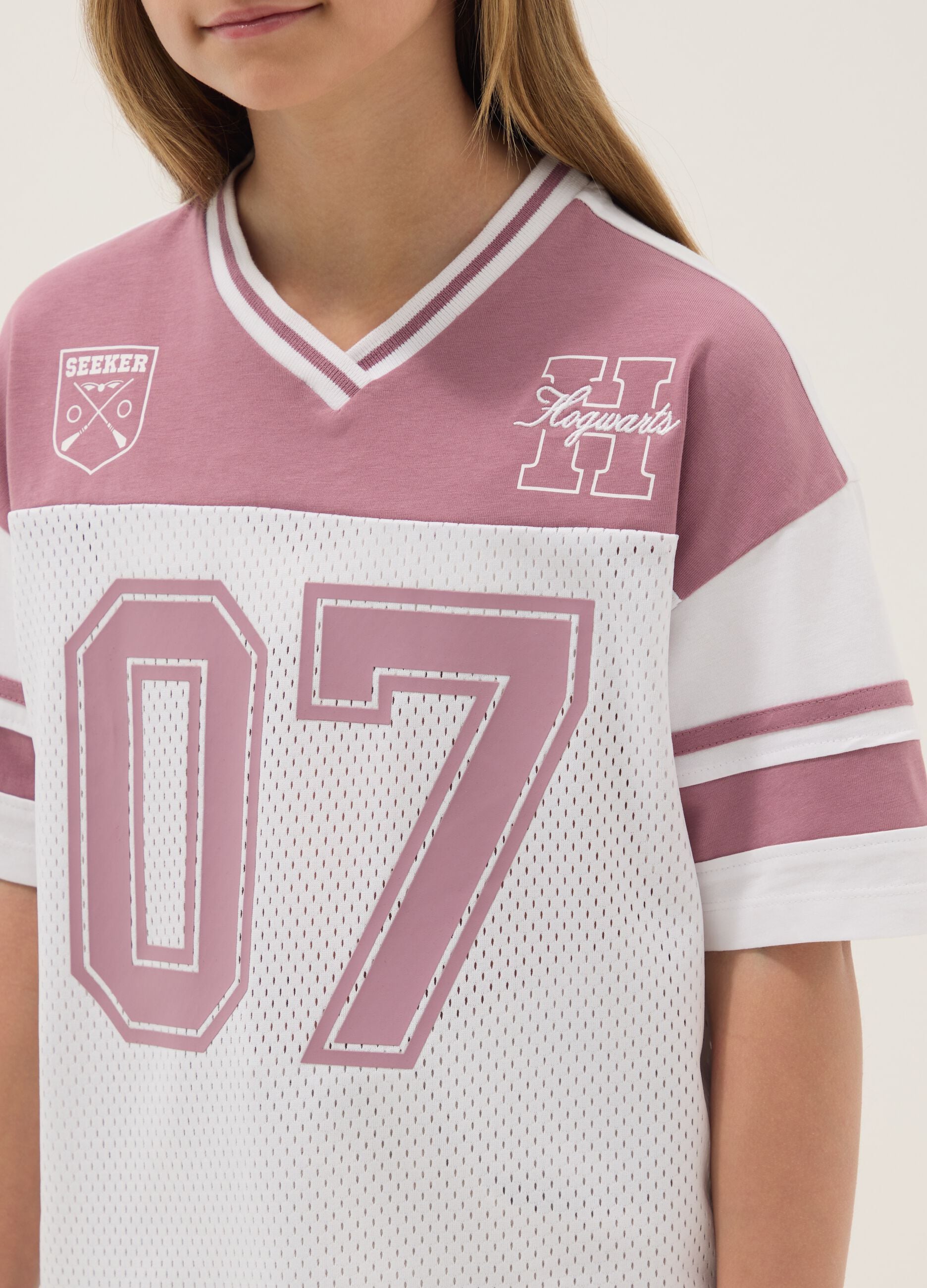 Pink and white pure cotton T-shirt with mesh texture