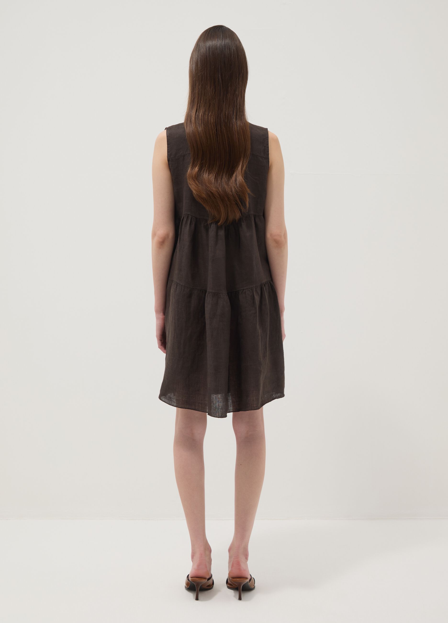 Brown sleeveless pure linen dress, regular fit