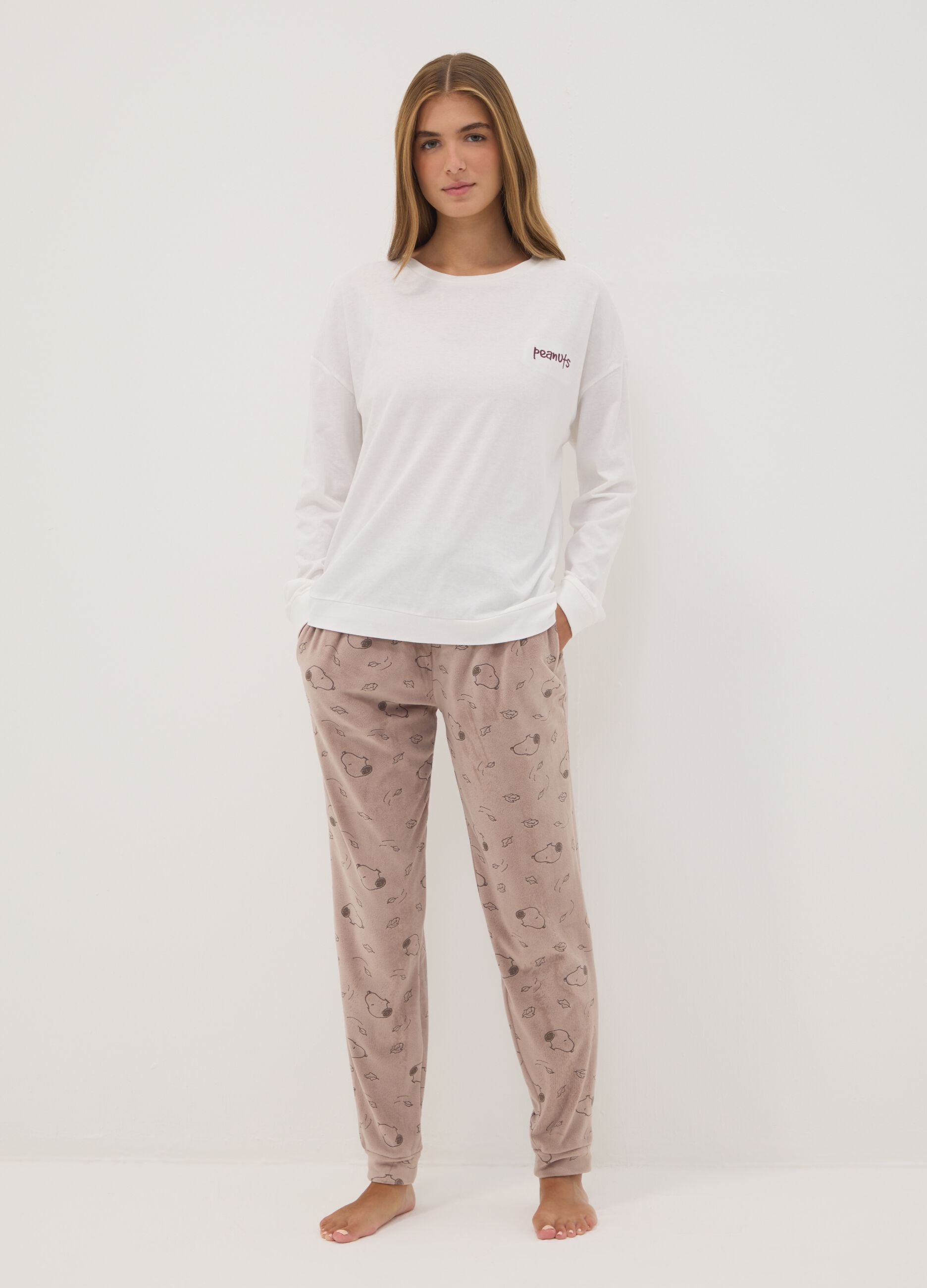 Maglia pigiama bianca in puro cotone con stampa Peanuts