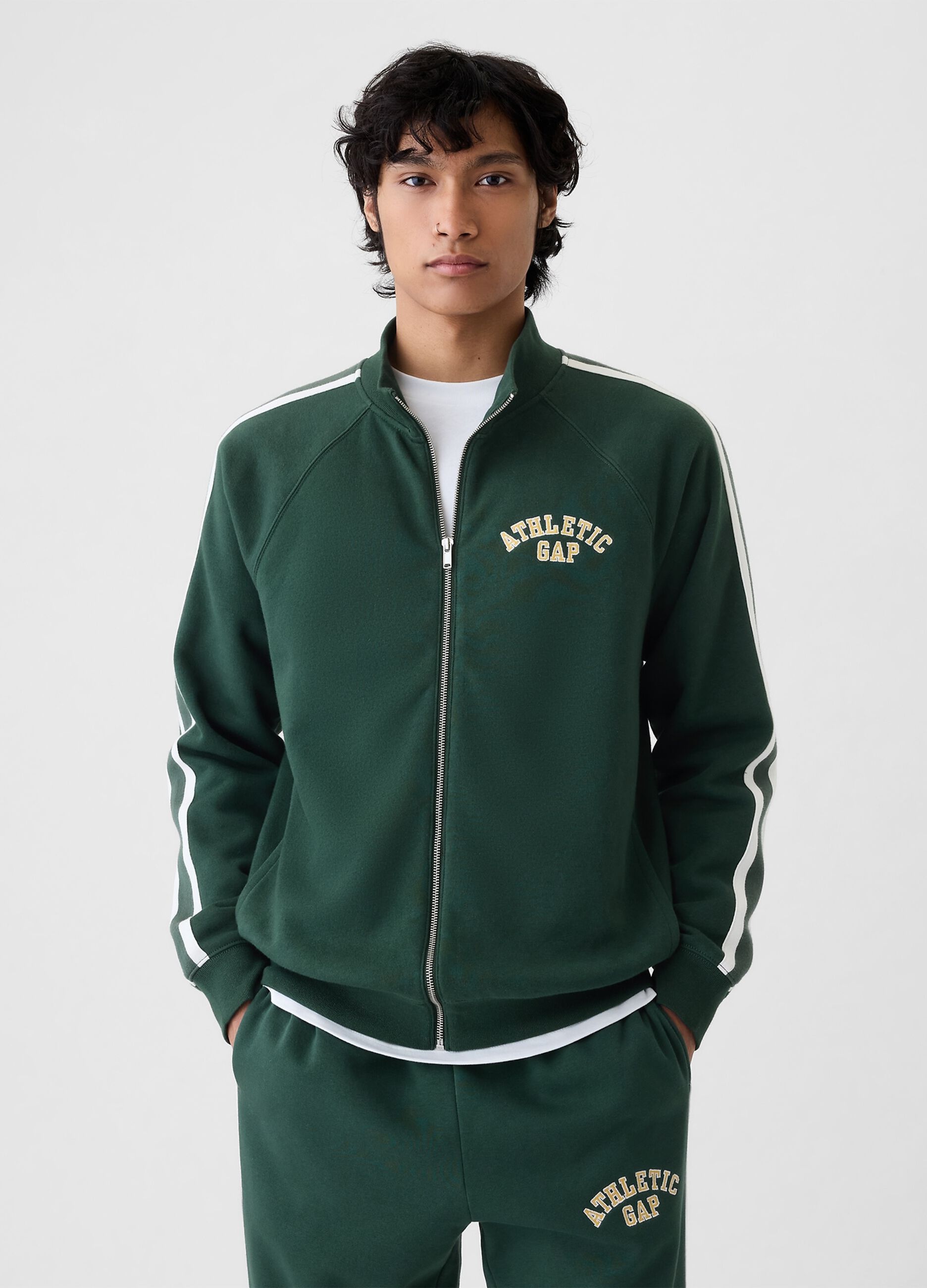 Full-zip sweatshirt with striped bands and Athletic embroidery