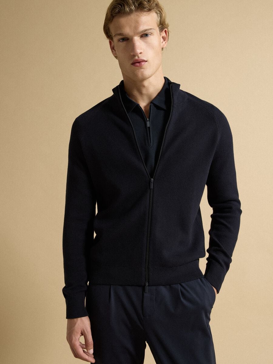 Cardigan blu in misto cotone con colletto regular fit_0