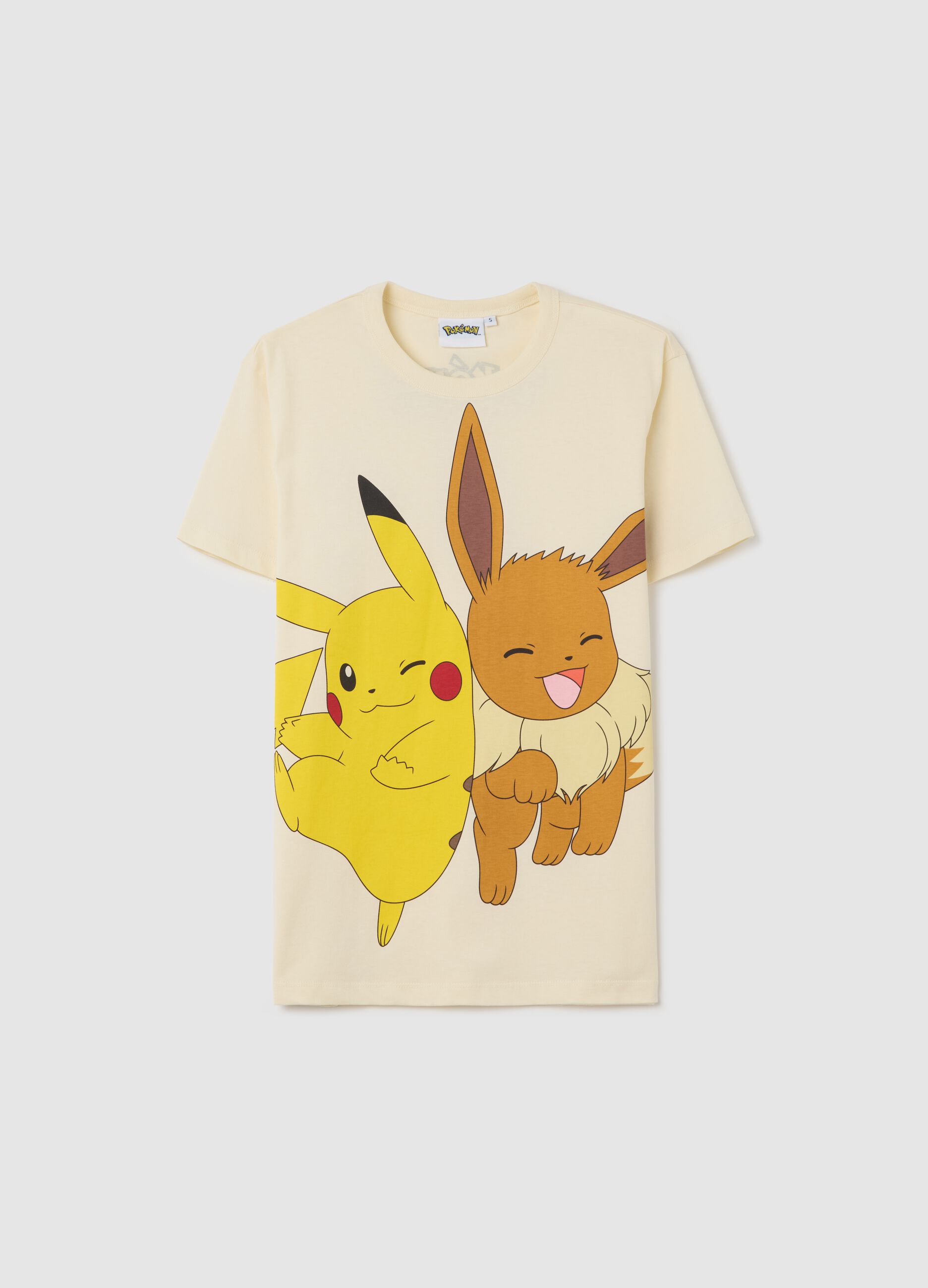 White cotton T-shirt with Eevee and Pikachu print