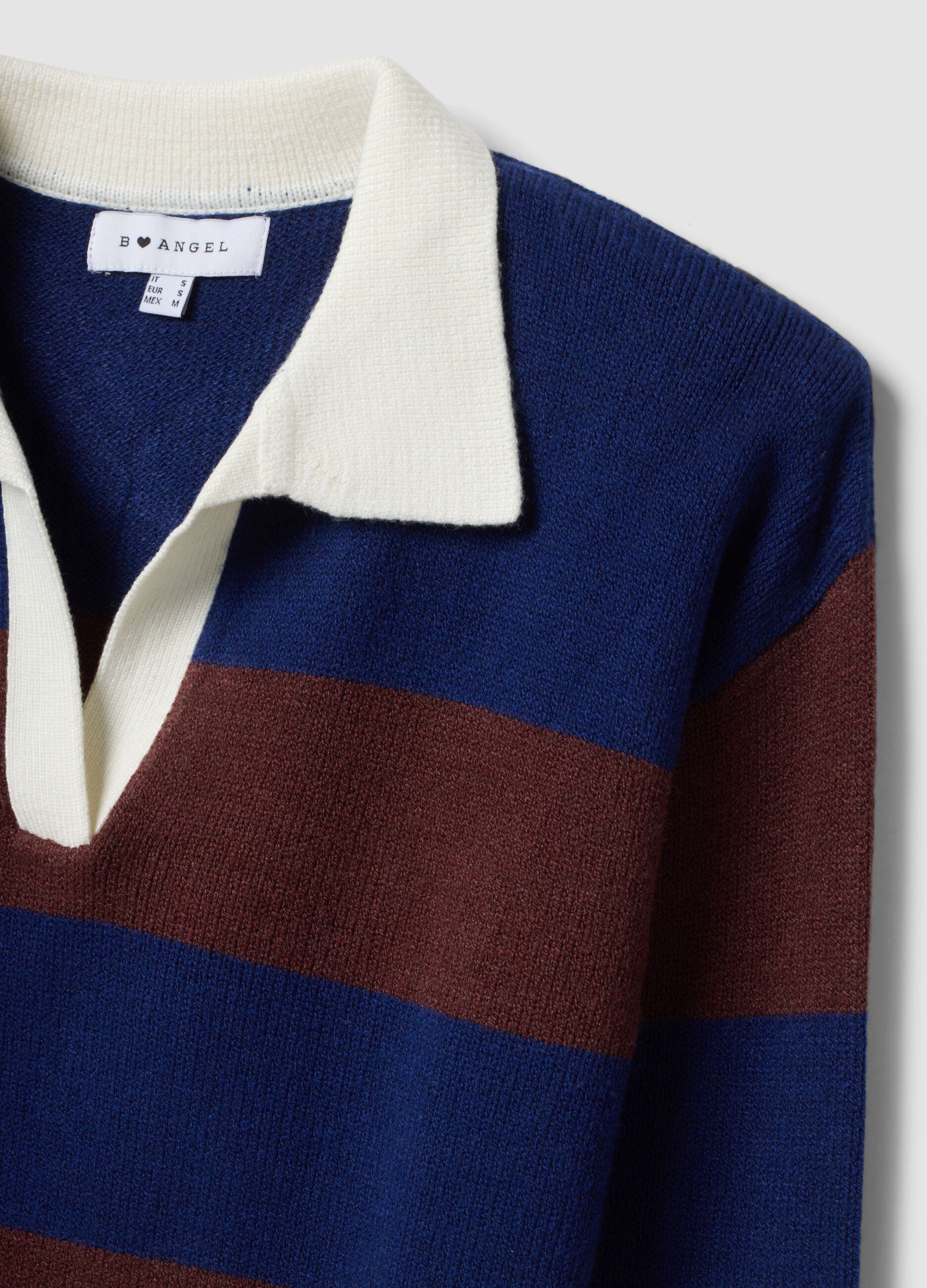 Blue striped viscose-blend polo-collar top, regular fit