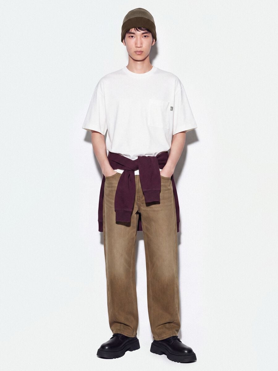 White pure cotton crew-neck T-shirt with chest pocket, boxy fit_1