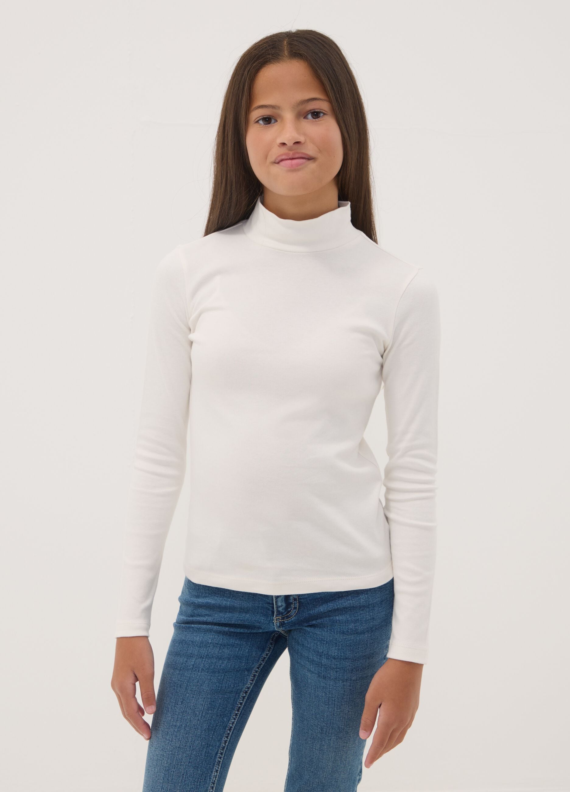 White pure organic cotton T-shirt with mock neck