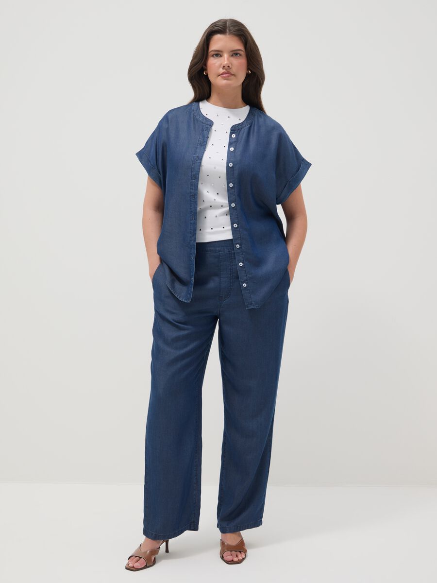 Camicia in puro lyocell blu regular fit con collo alla coreana_2