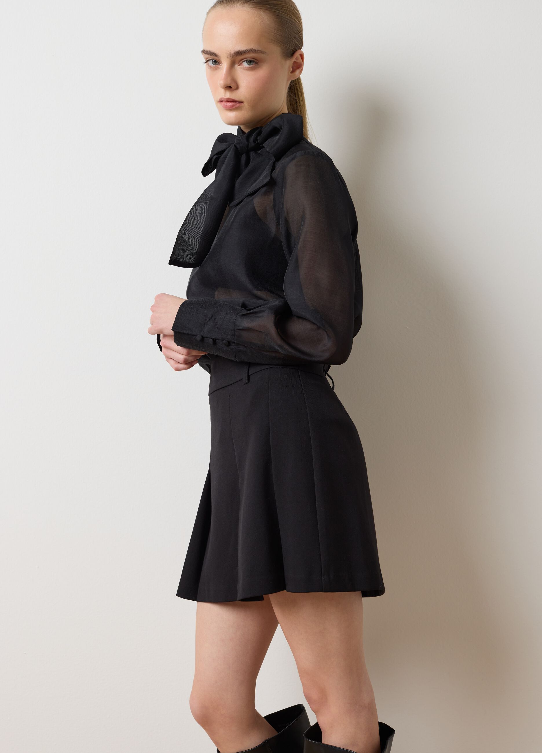 Black organza shirt with bow and regular fit