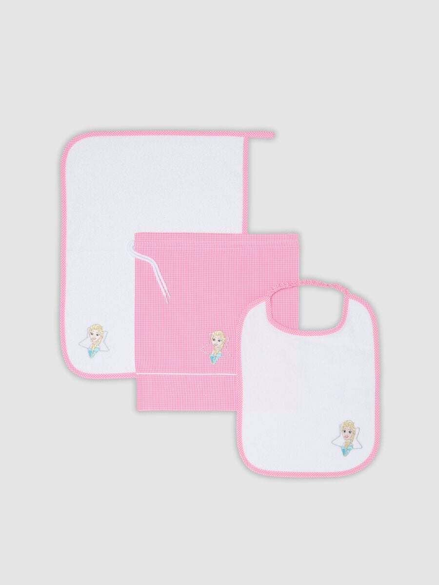 Pink nursery set with bib, towel and drawstring bag, Frozen embroidery_0