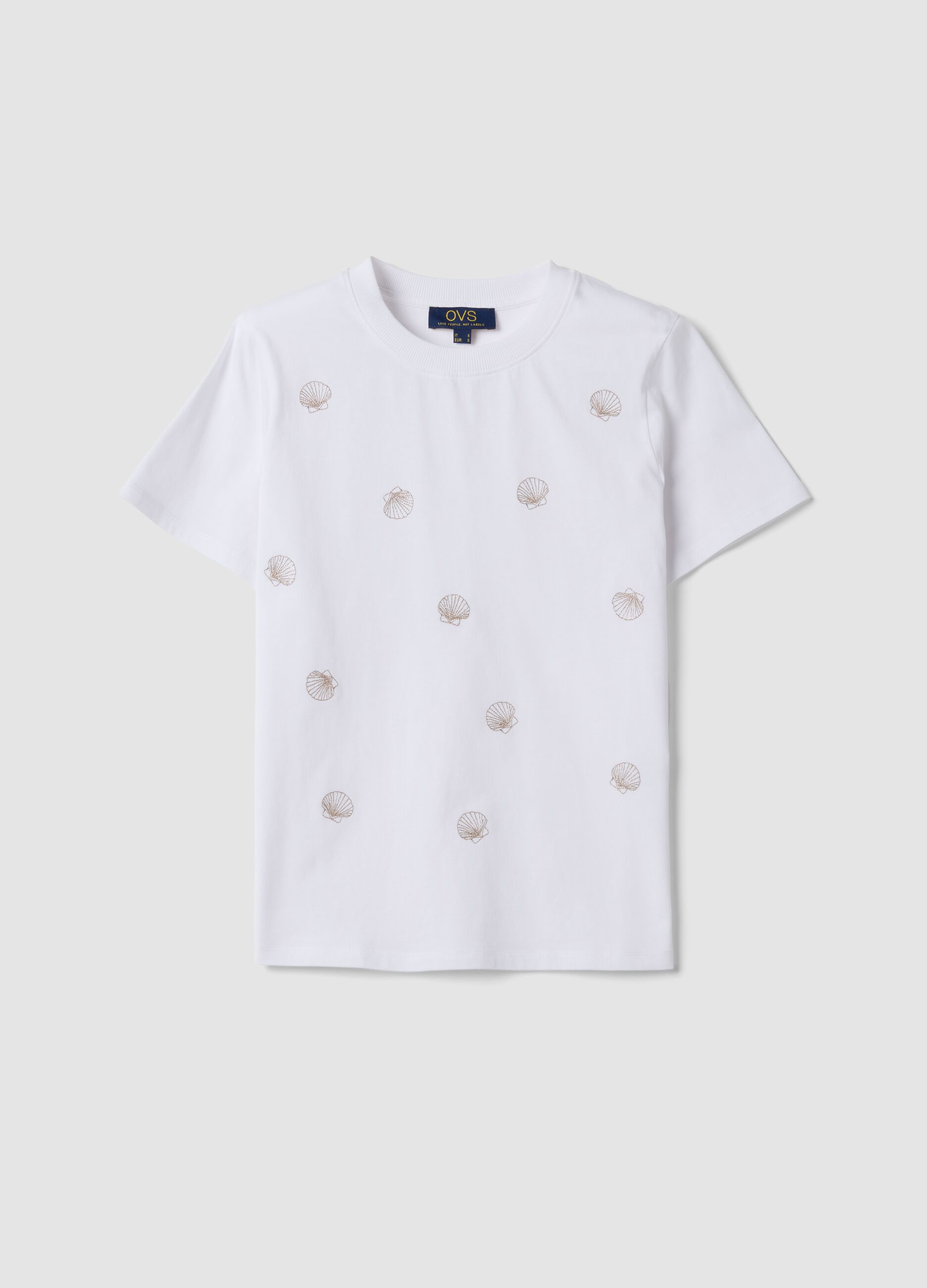 White pure cotton T-shirt with seashell print