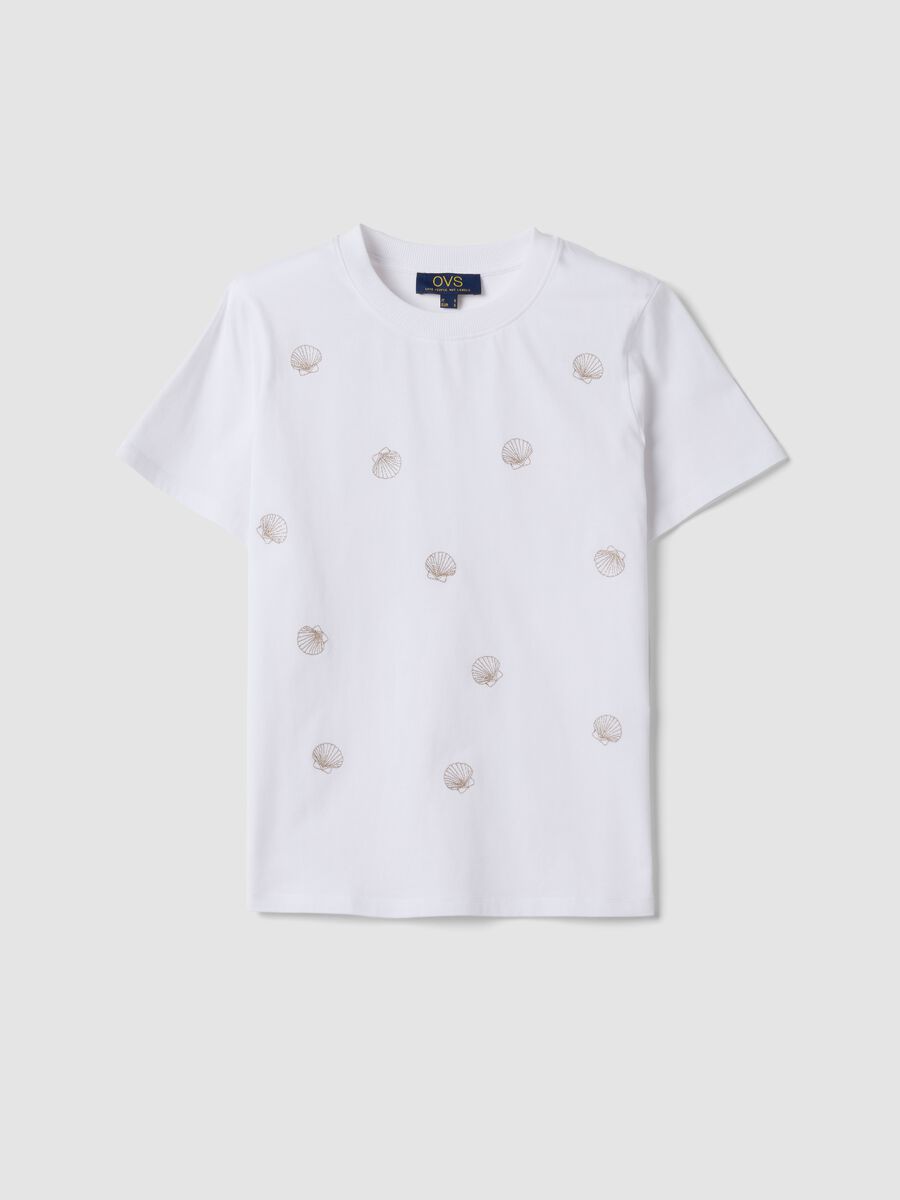 White pure cotton T-shirt with seashell print_0