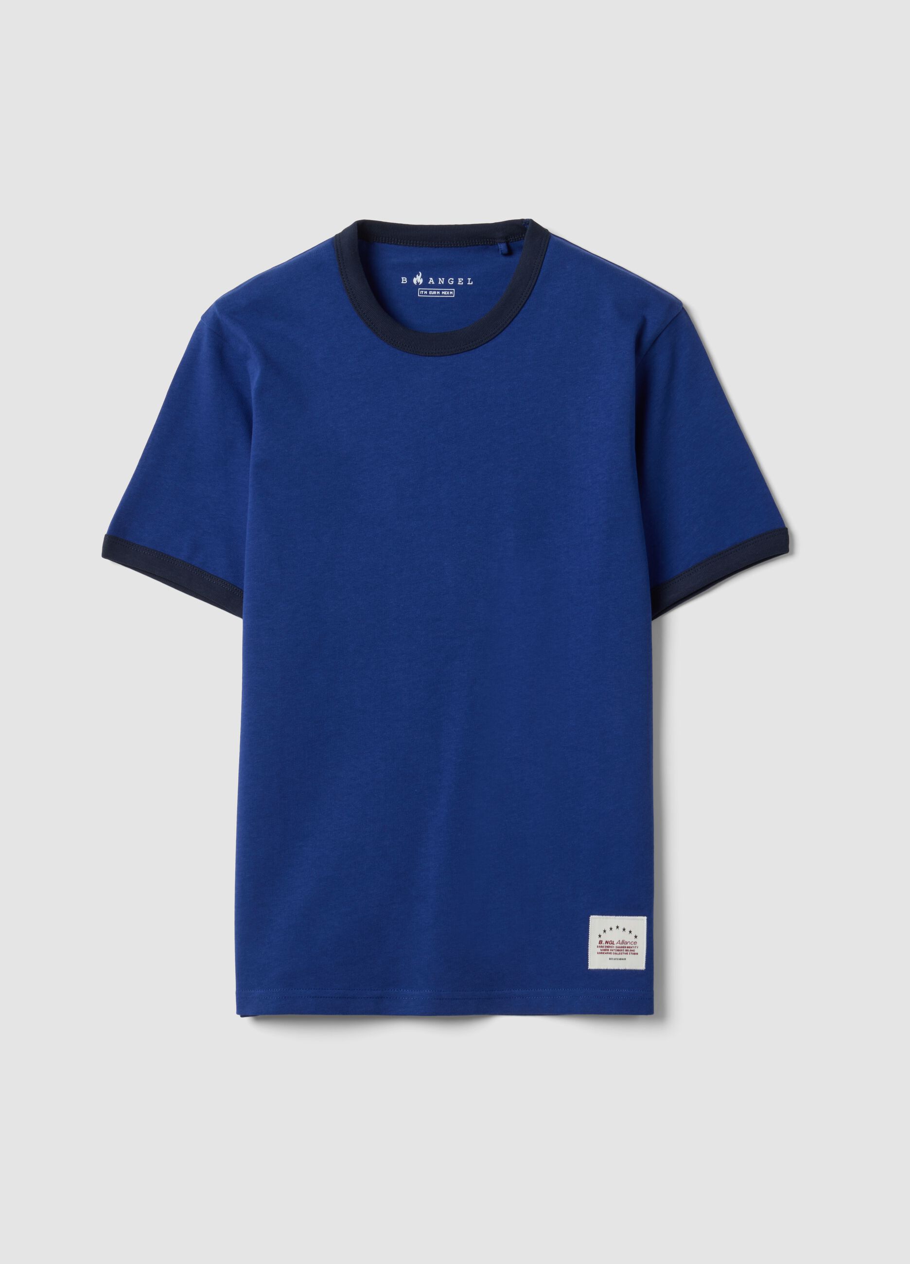 T-shirt fitted blu in puro cotone con profili a contrasto