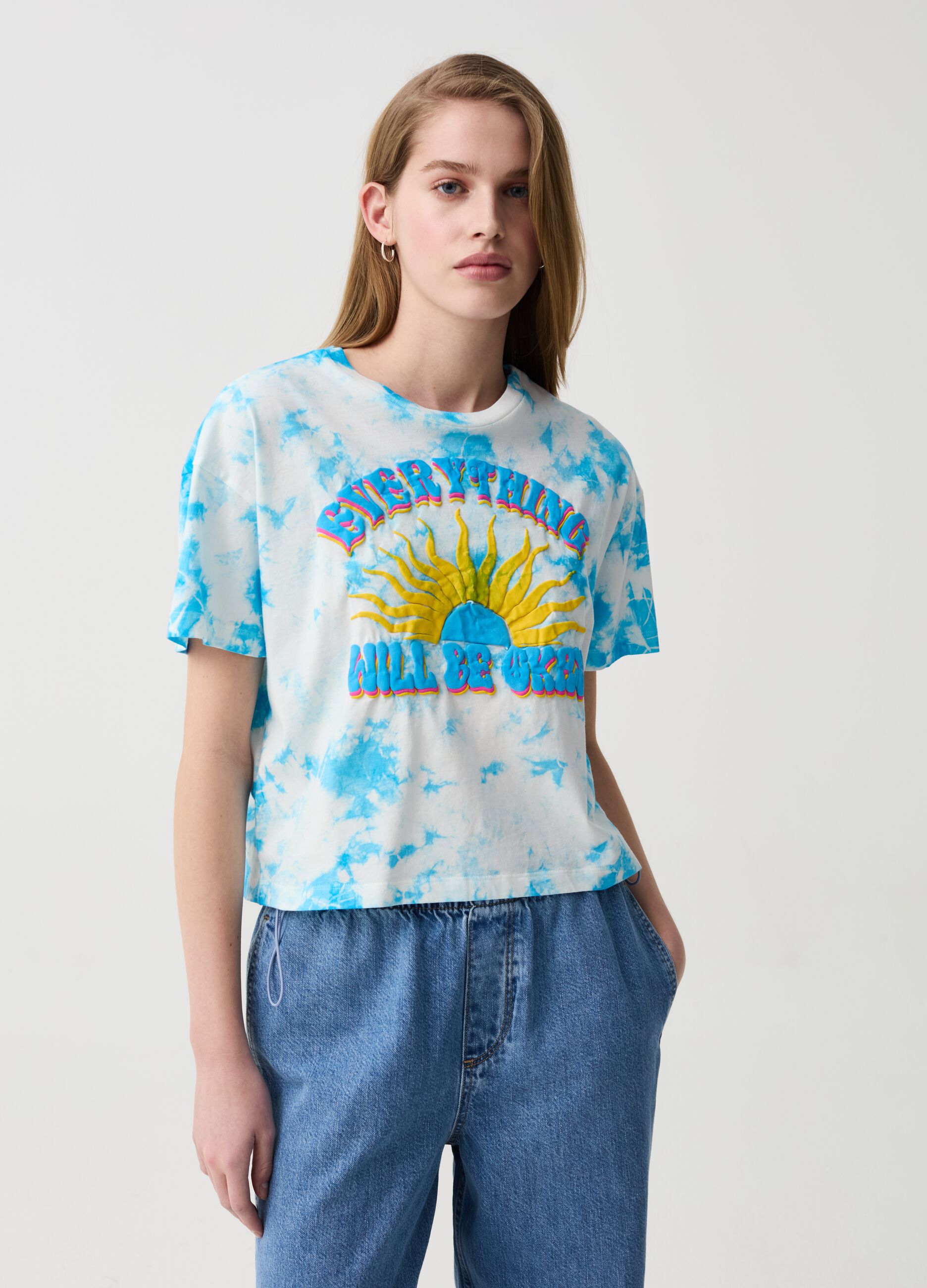 Ovs T-shirt Tie Dye con stampa lettering e sole