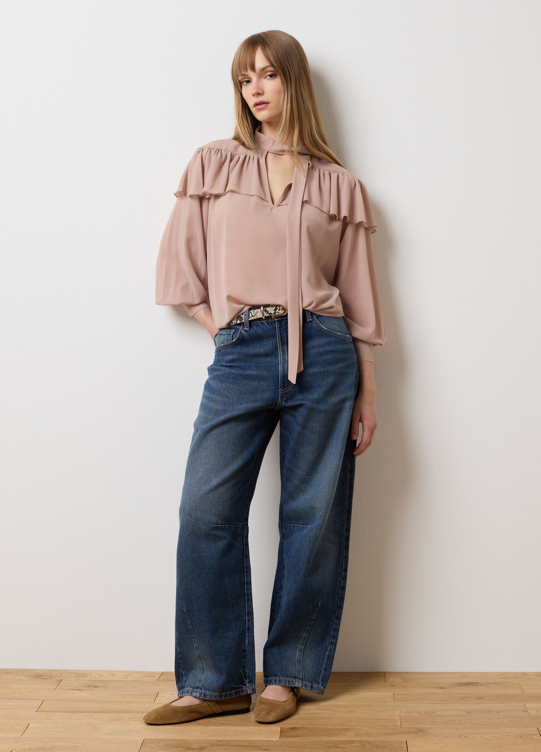 Beige Crepe Regular Fit Blouse with Ruffles