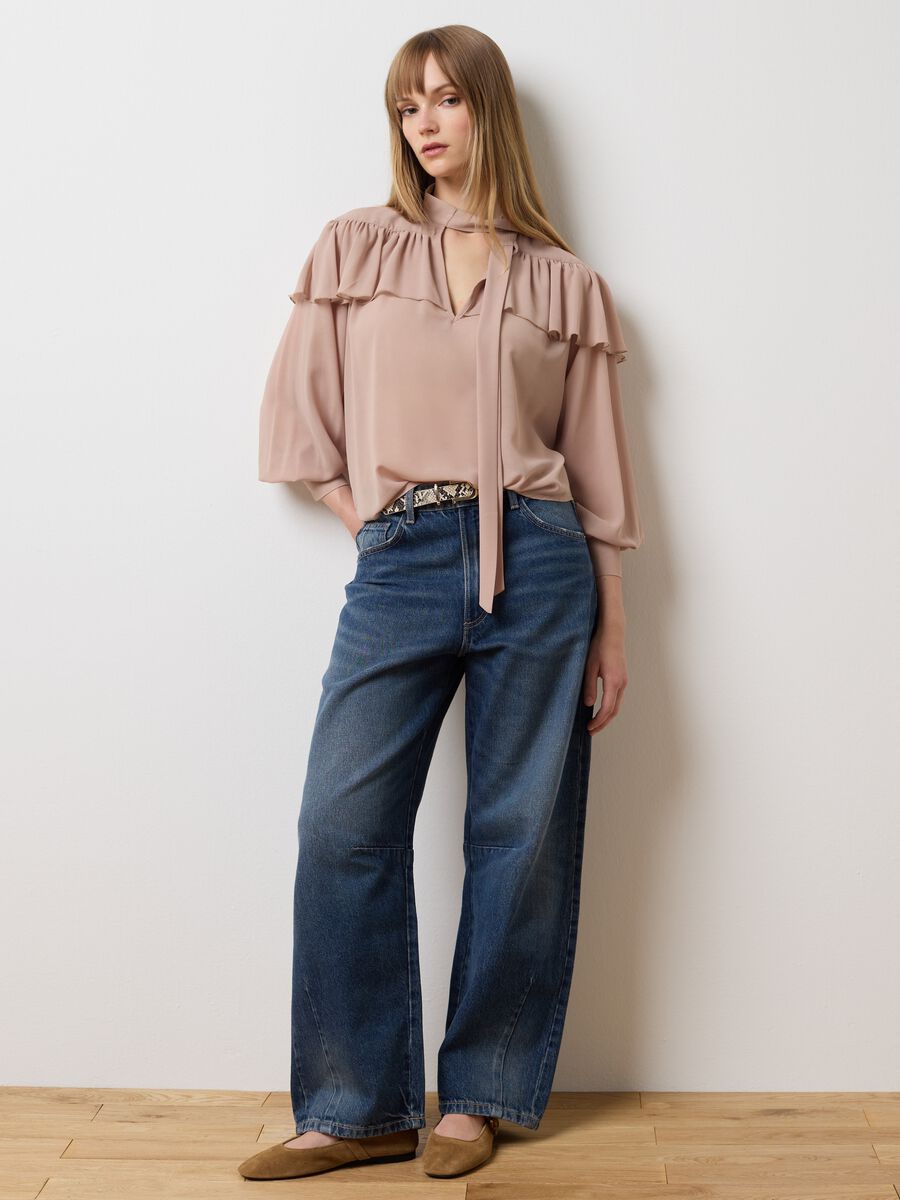 Beige Crepe Regular Fit Blouse with Ruffles_2