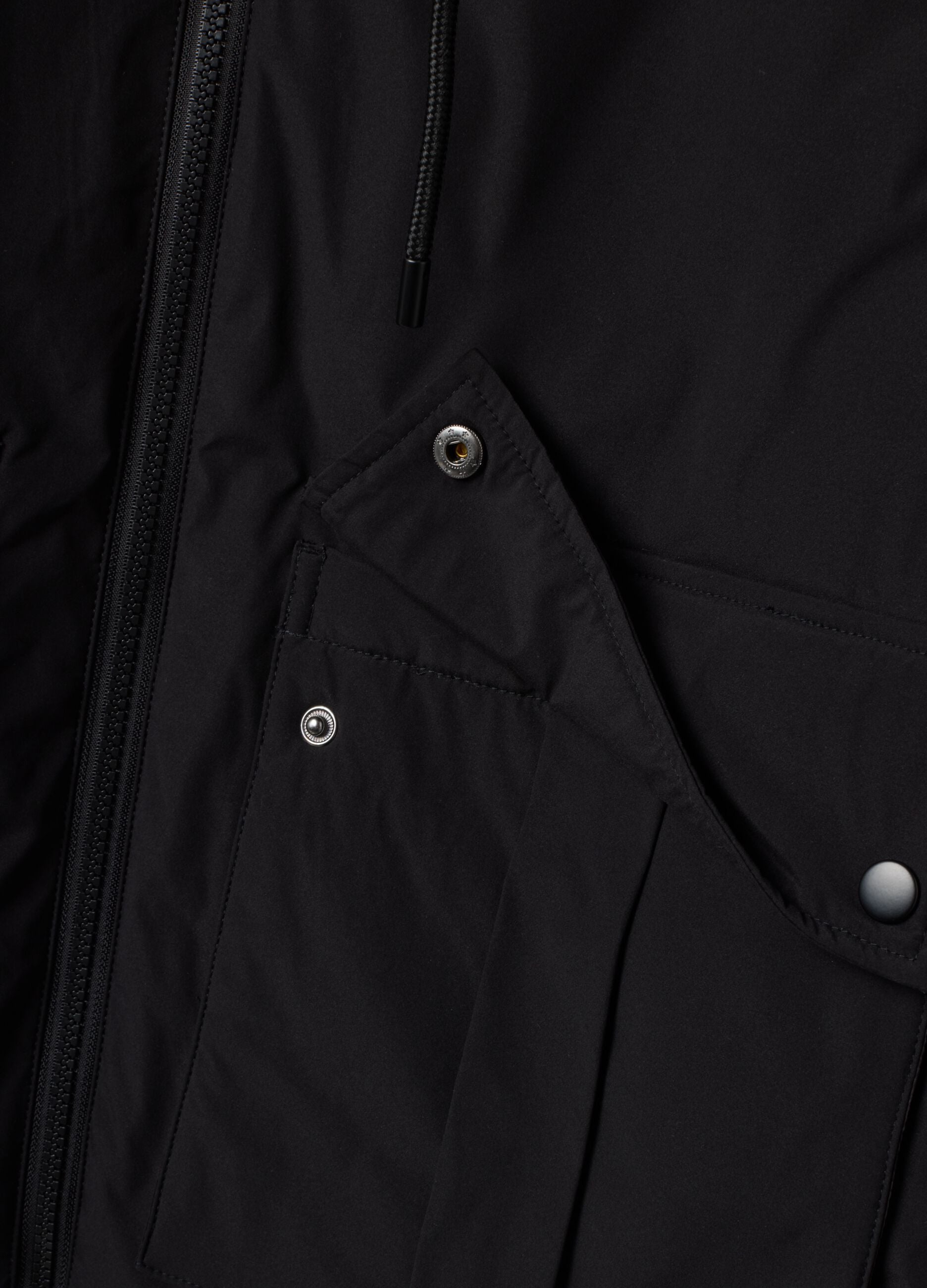 Black padded hooded jacket with zip, oversized fit