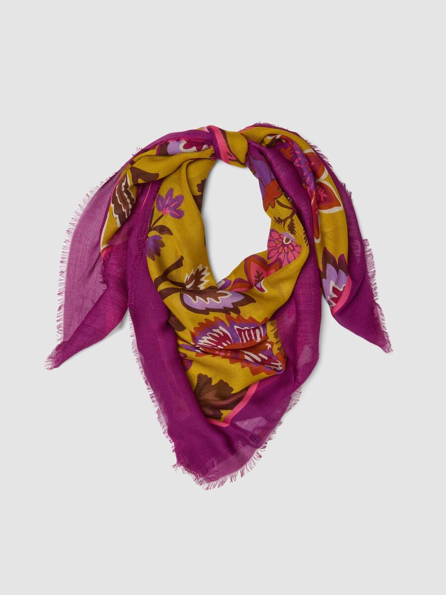 Purple pure viscose scarf with floral print and frayed edges_0