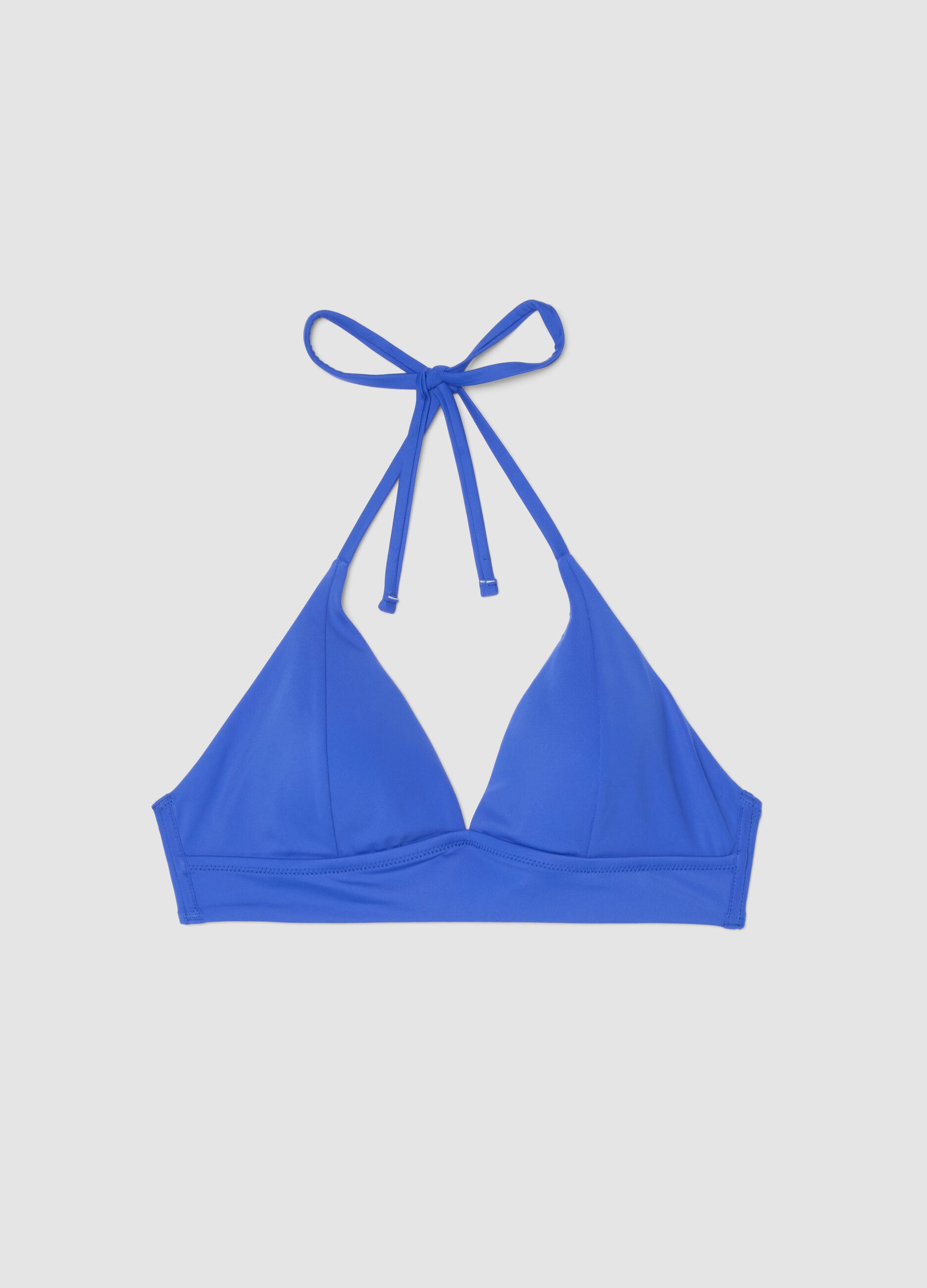 Blue stretch bikini top with adjustable tie straps