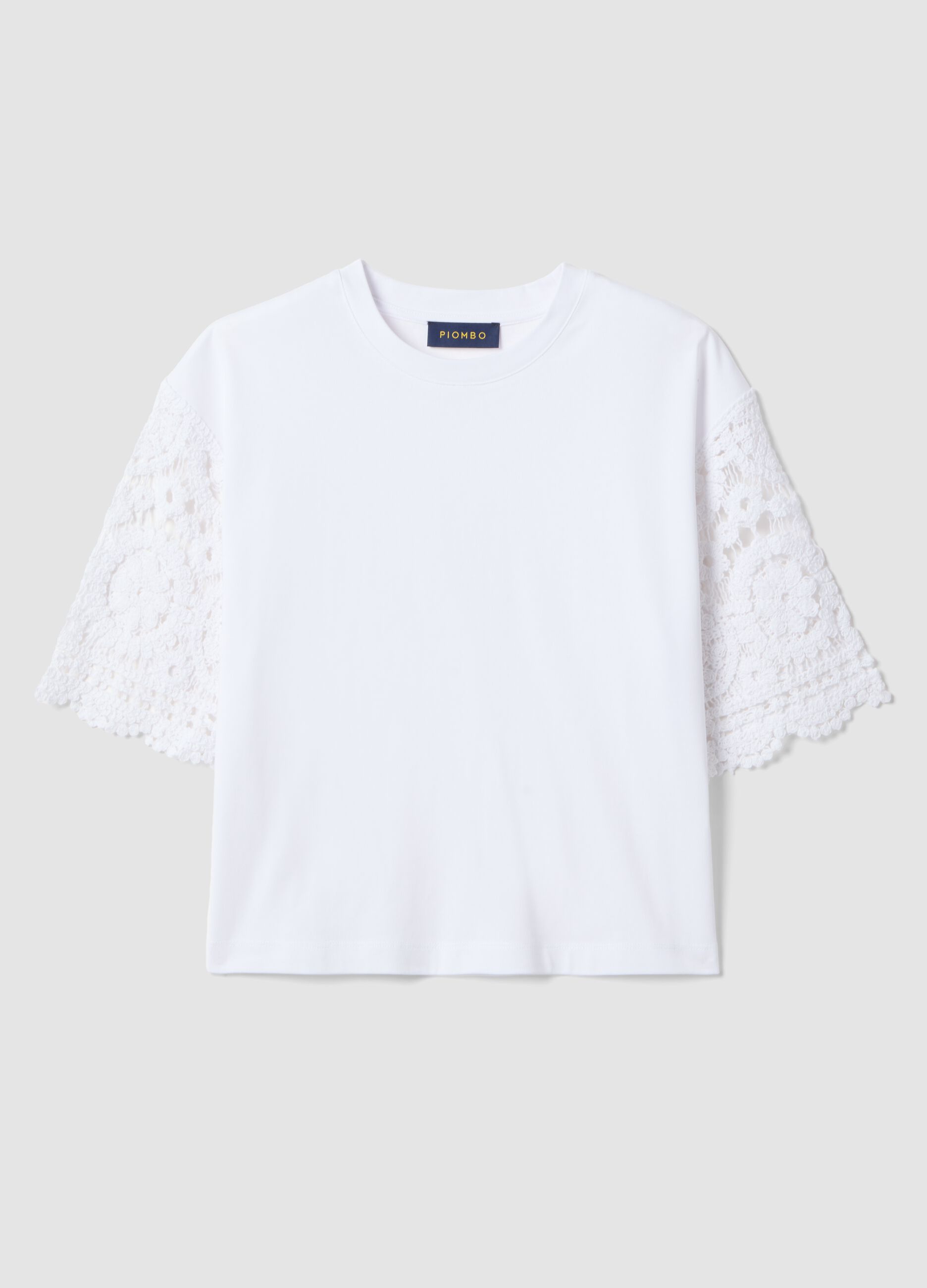 White short-sleeve cotton-blend T-shirt with mesh details
