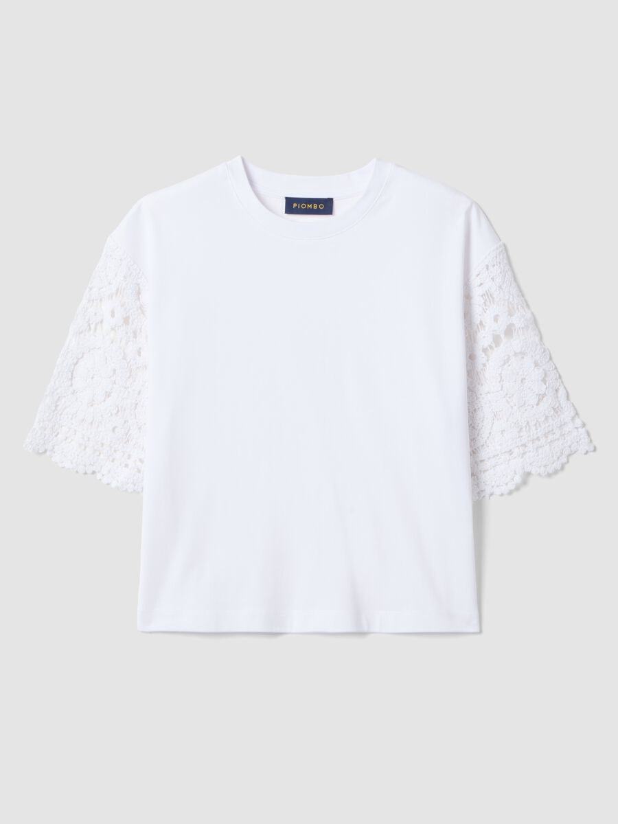 White short-sleeve cotton-blend T-shirt with mesh details_4