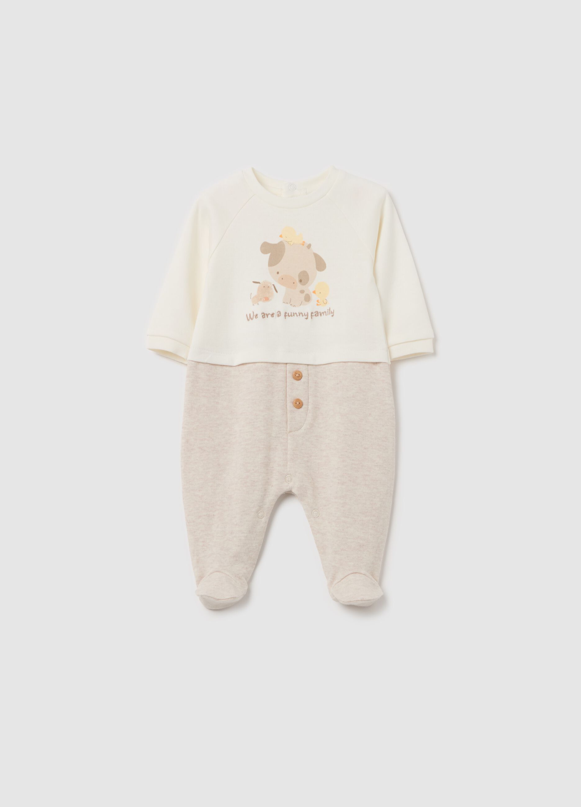 Cotton onesie with feet and farm animals print