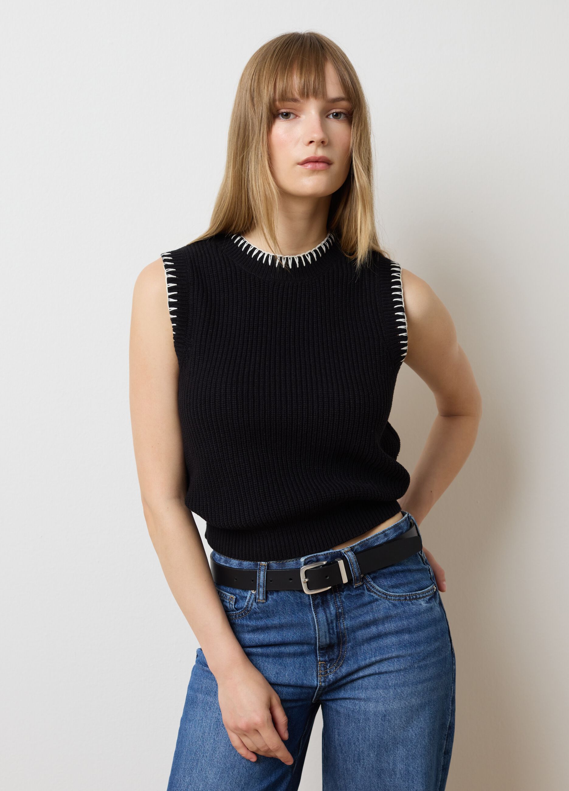 Black Cotton Blend Regular Fit Vest