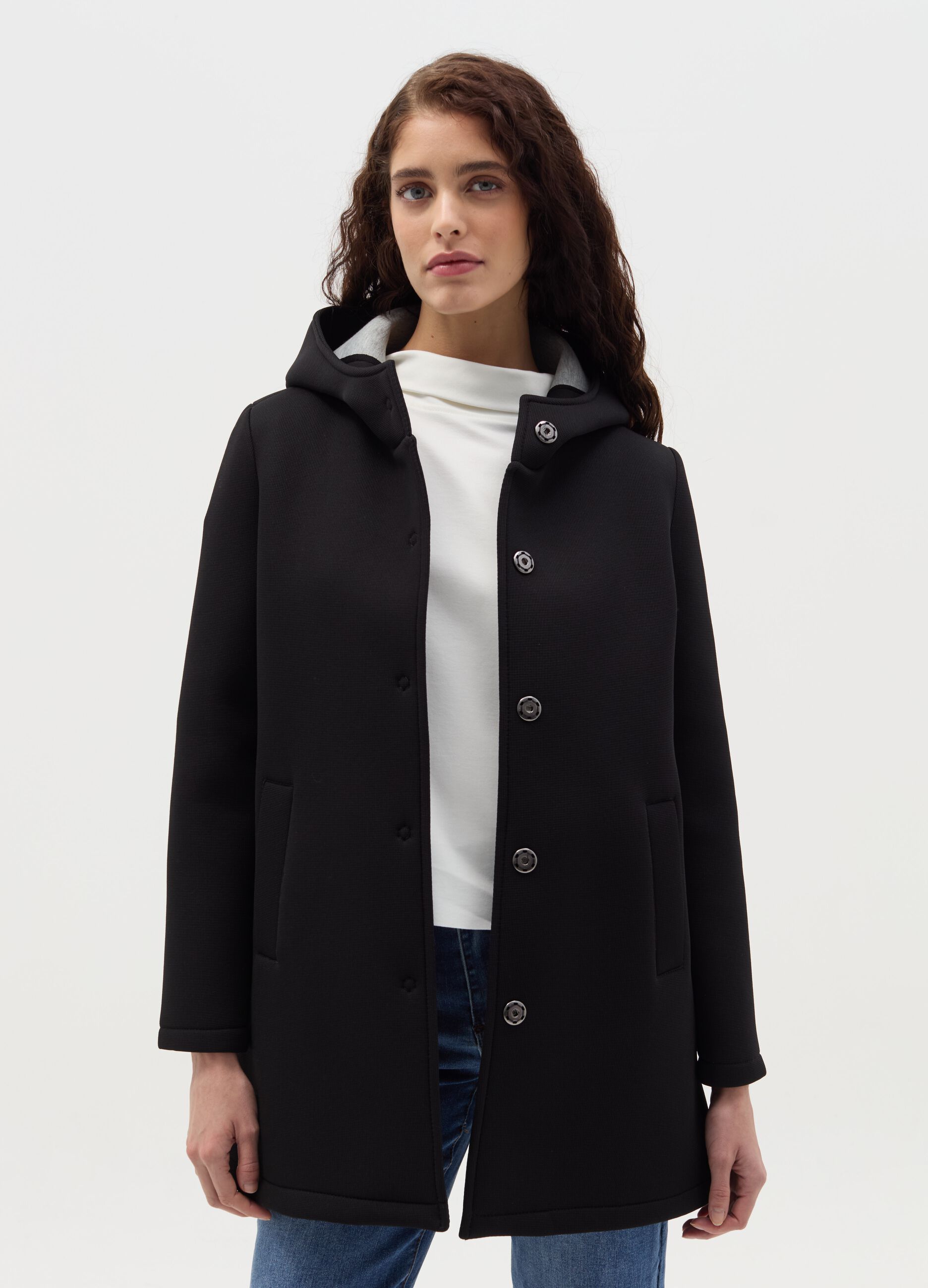 Long jacket with buttons and hood