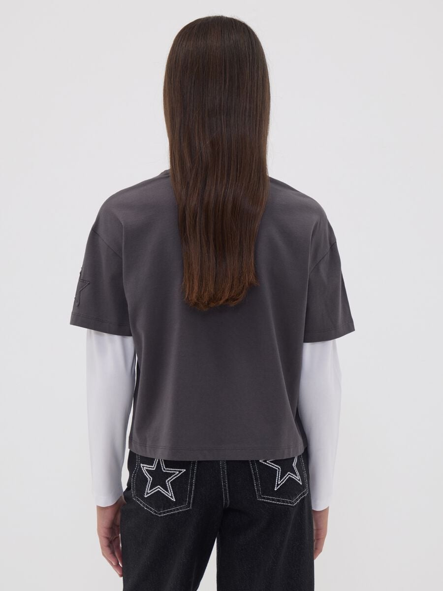 Girls&rsquo; grey oversized pure cotton T-shirt with double sleeves_2