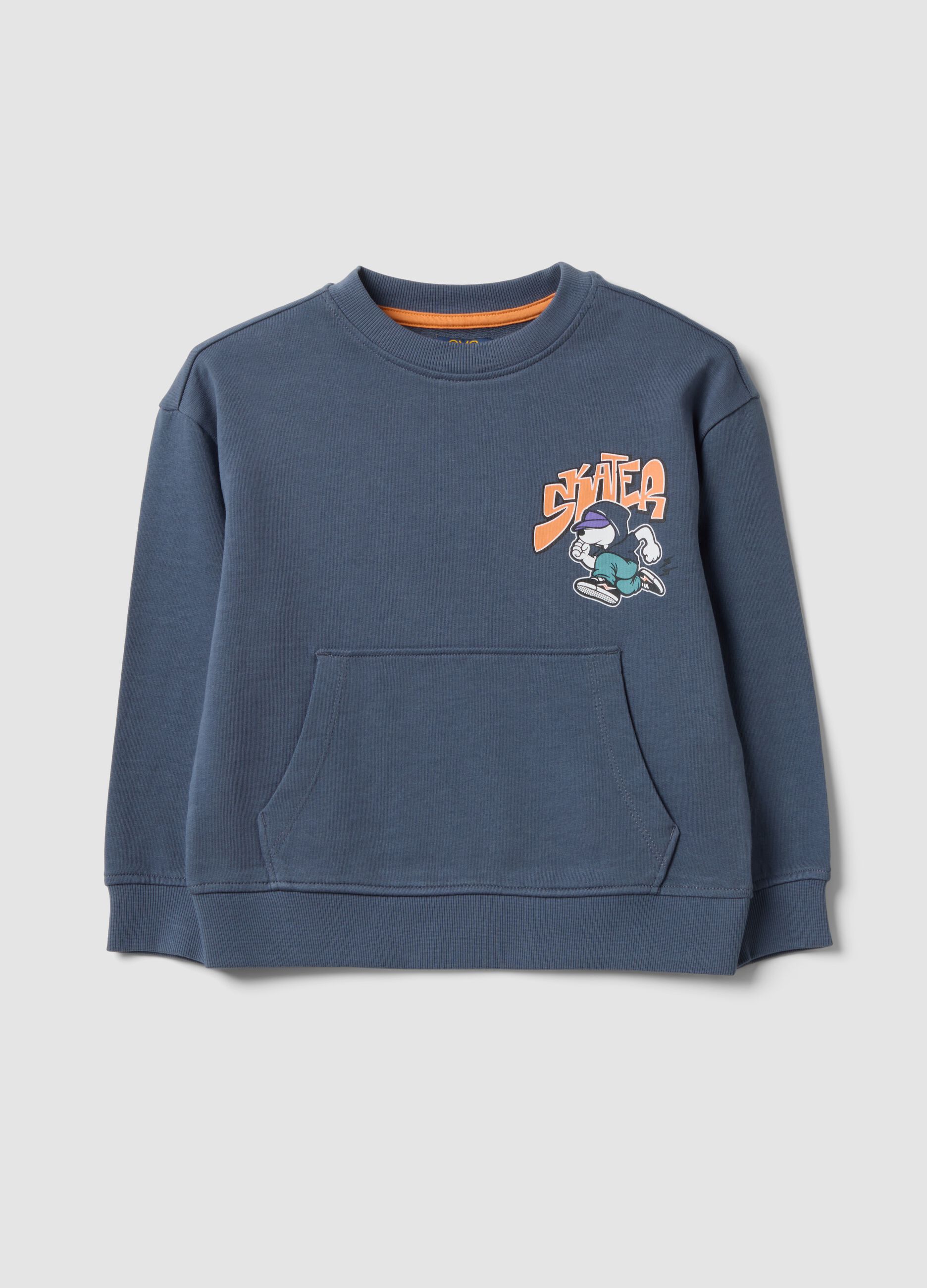 Grey oversized pure cotton hoodie with print and kangaroo pocket for boys