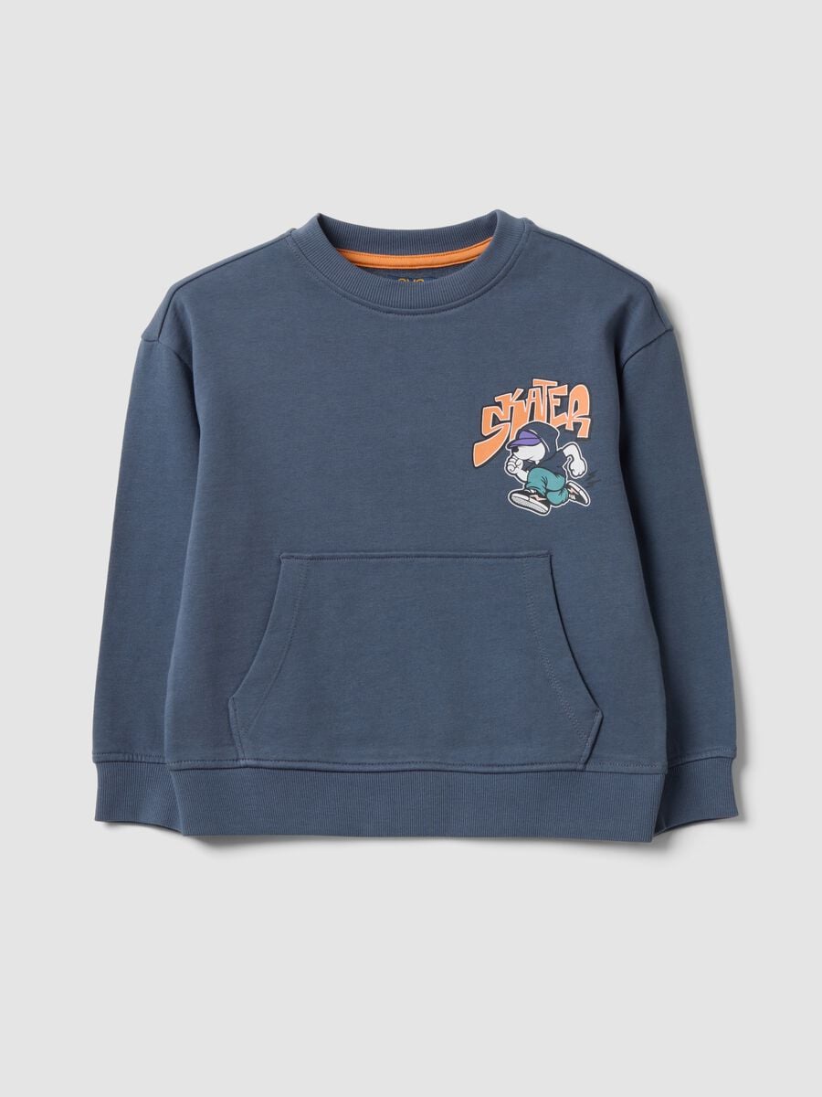 Grey oversized pure cotton hoodie with print and kangaroo pocket for boys_0