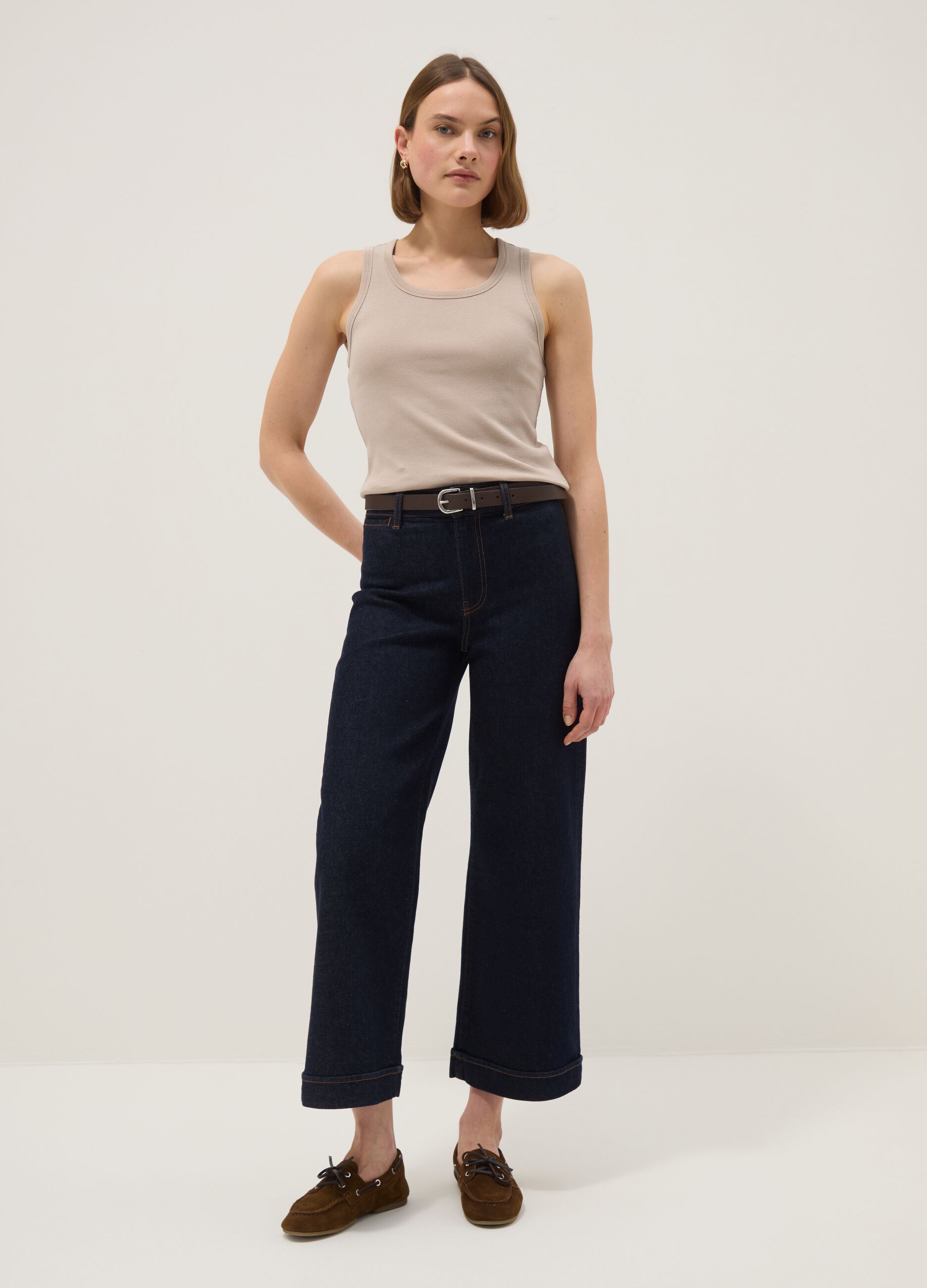 Beige stretch cotton vest top, regular fit