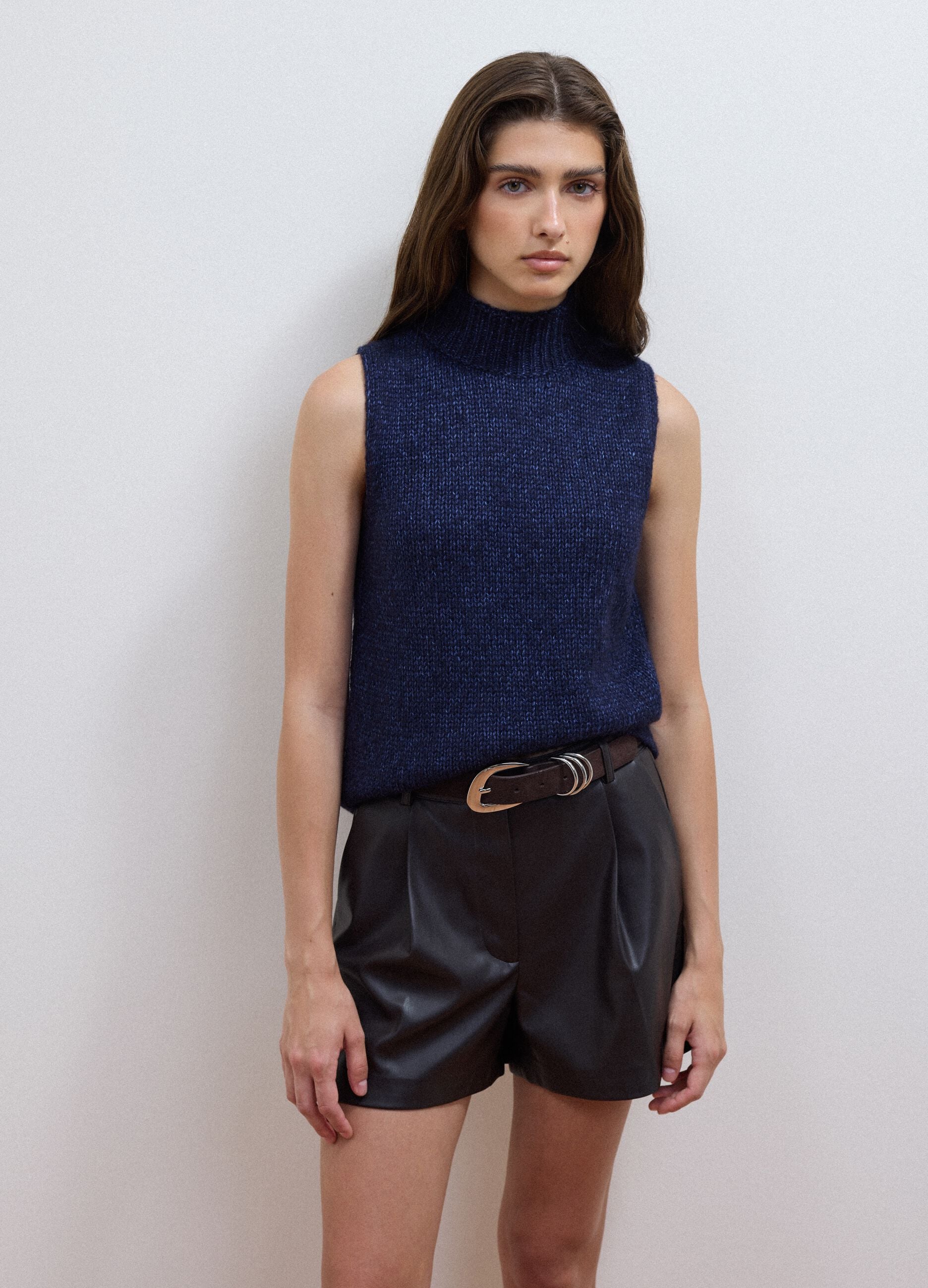 Blue wool-blend gilet with raised collar, regular fit