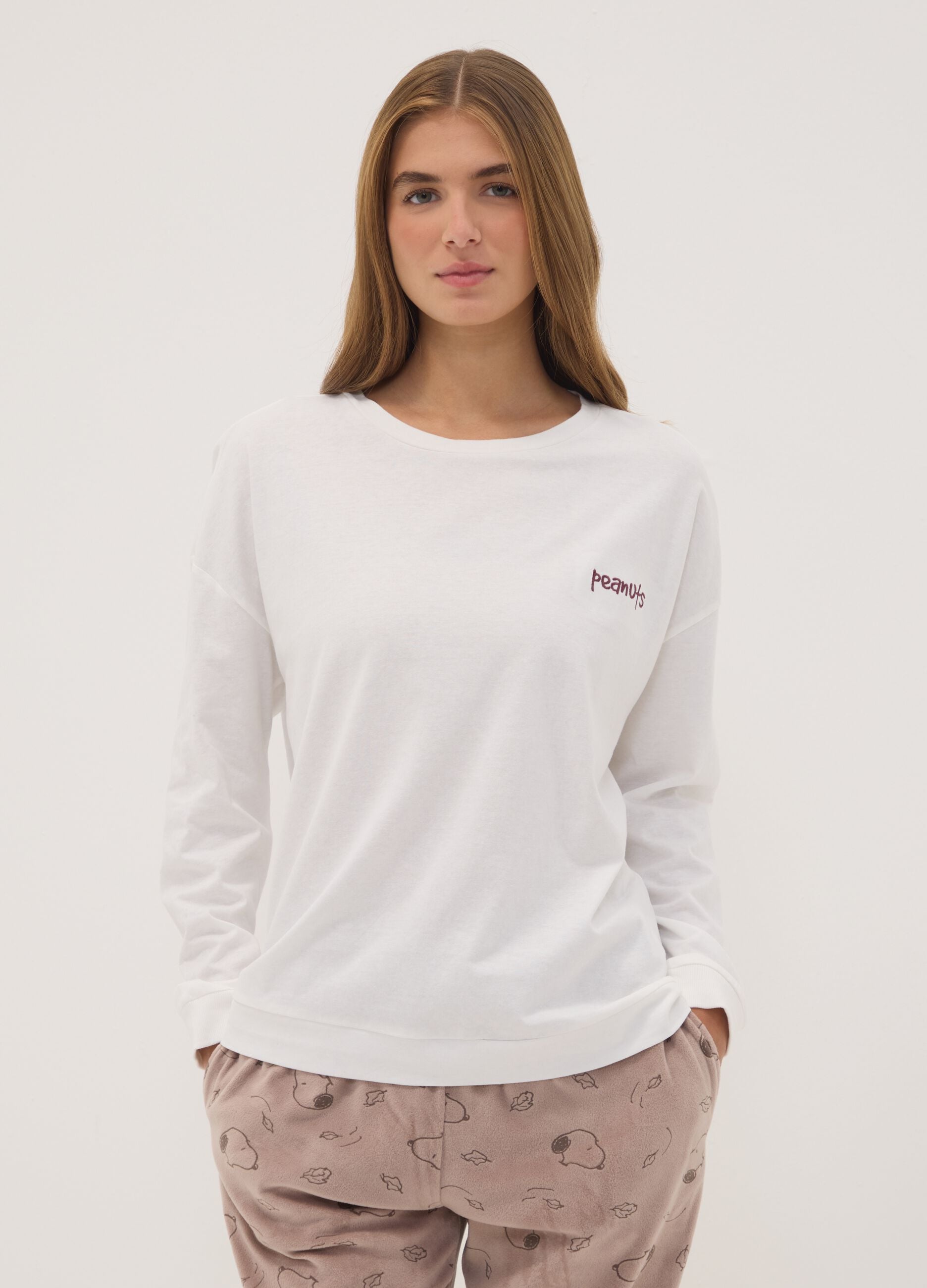 Maglia pigiama bianca in puro cotone con stampa Peanuts