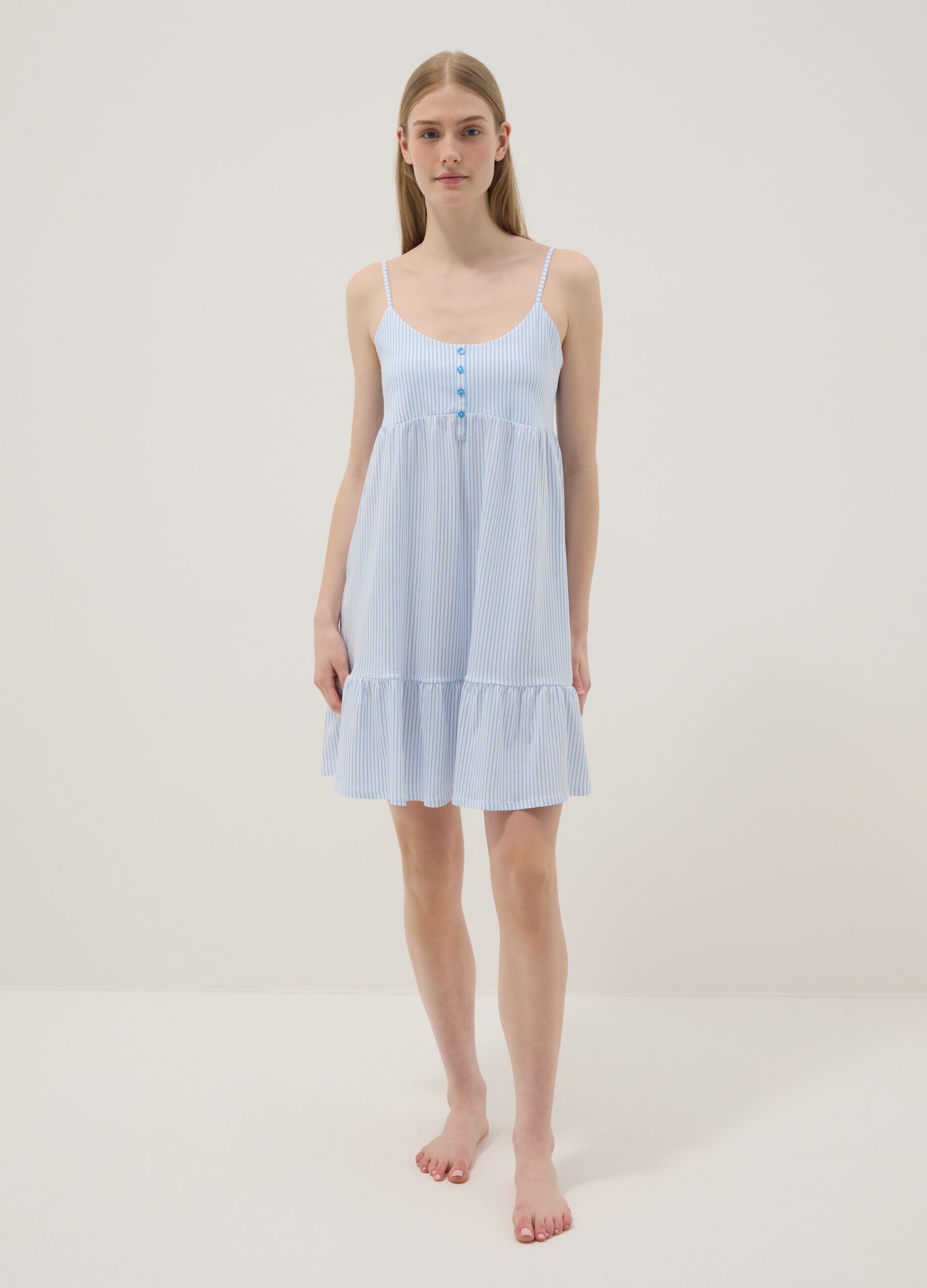 Pure cotton nightdress with white and light blue stripes and straps