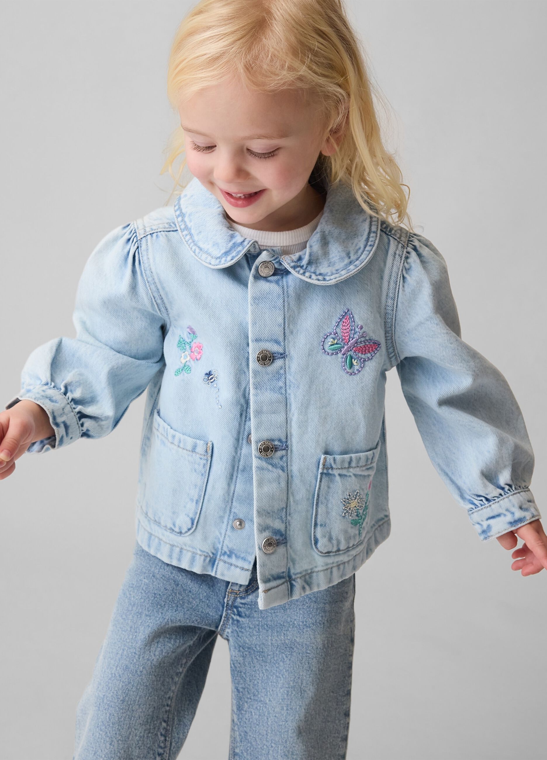 Baby girl's light blue pure cotton denim jacket with embroidery