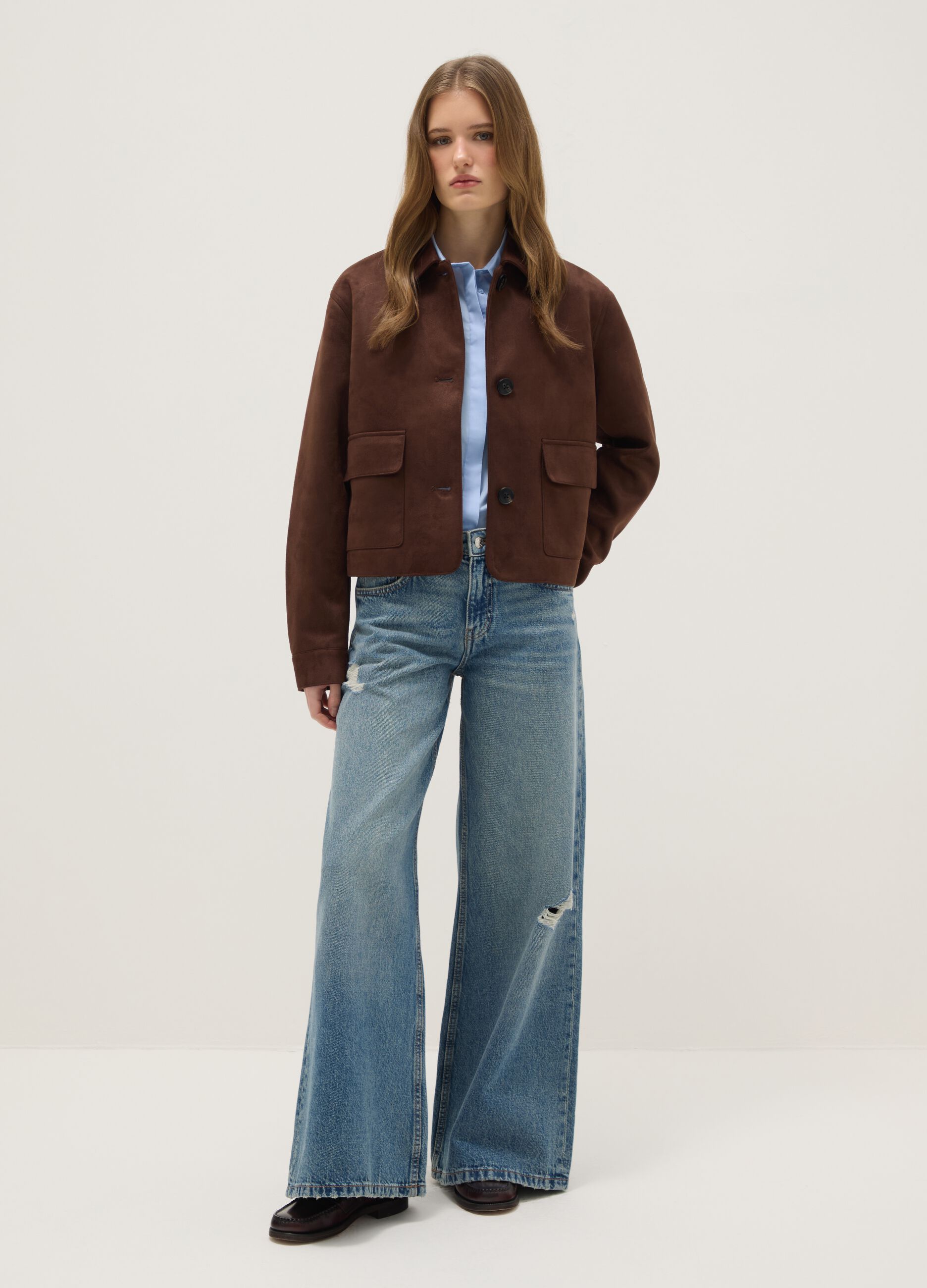 Brown regular fit jacket with buttons and pockets