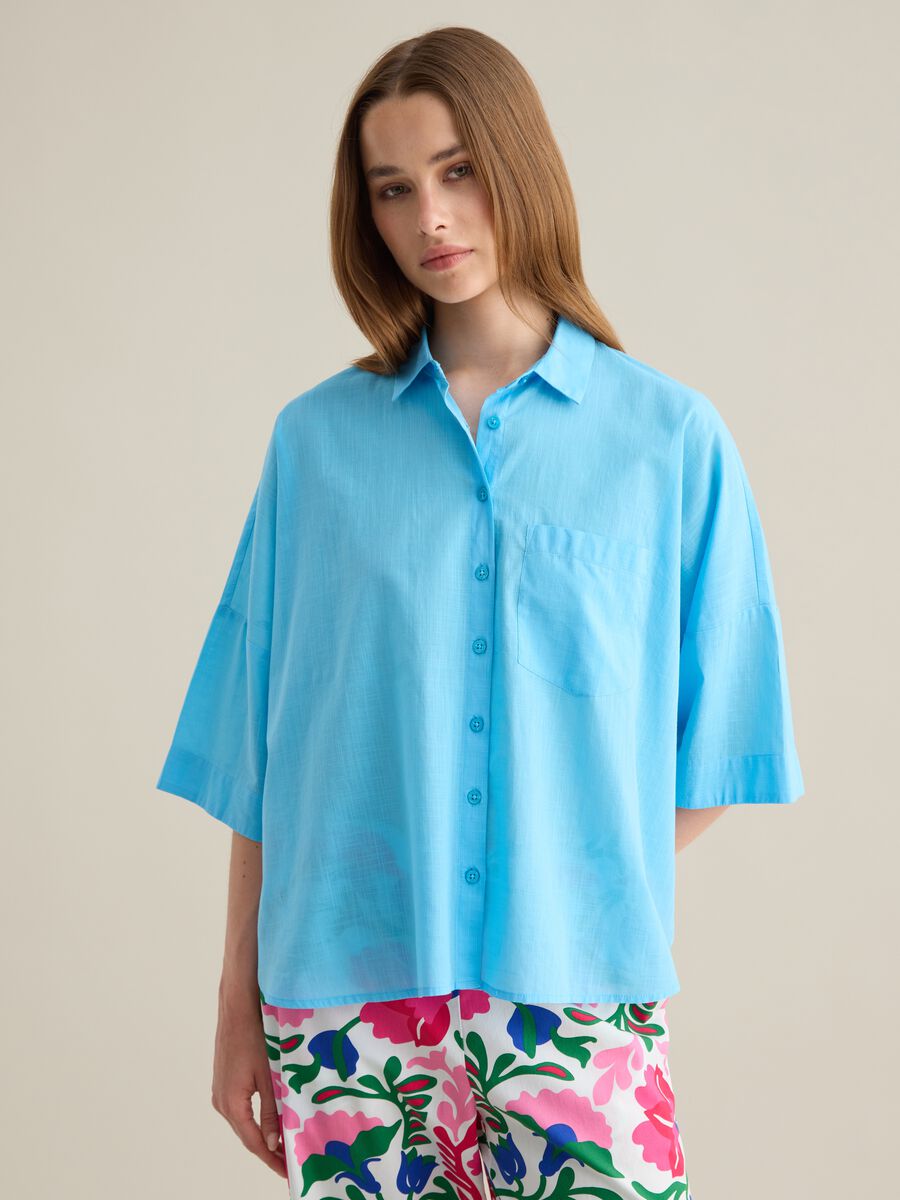 Women's blue oversized pure cotton shirt_0