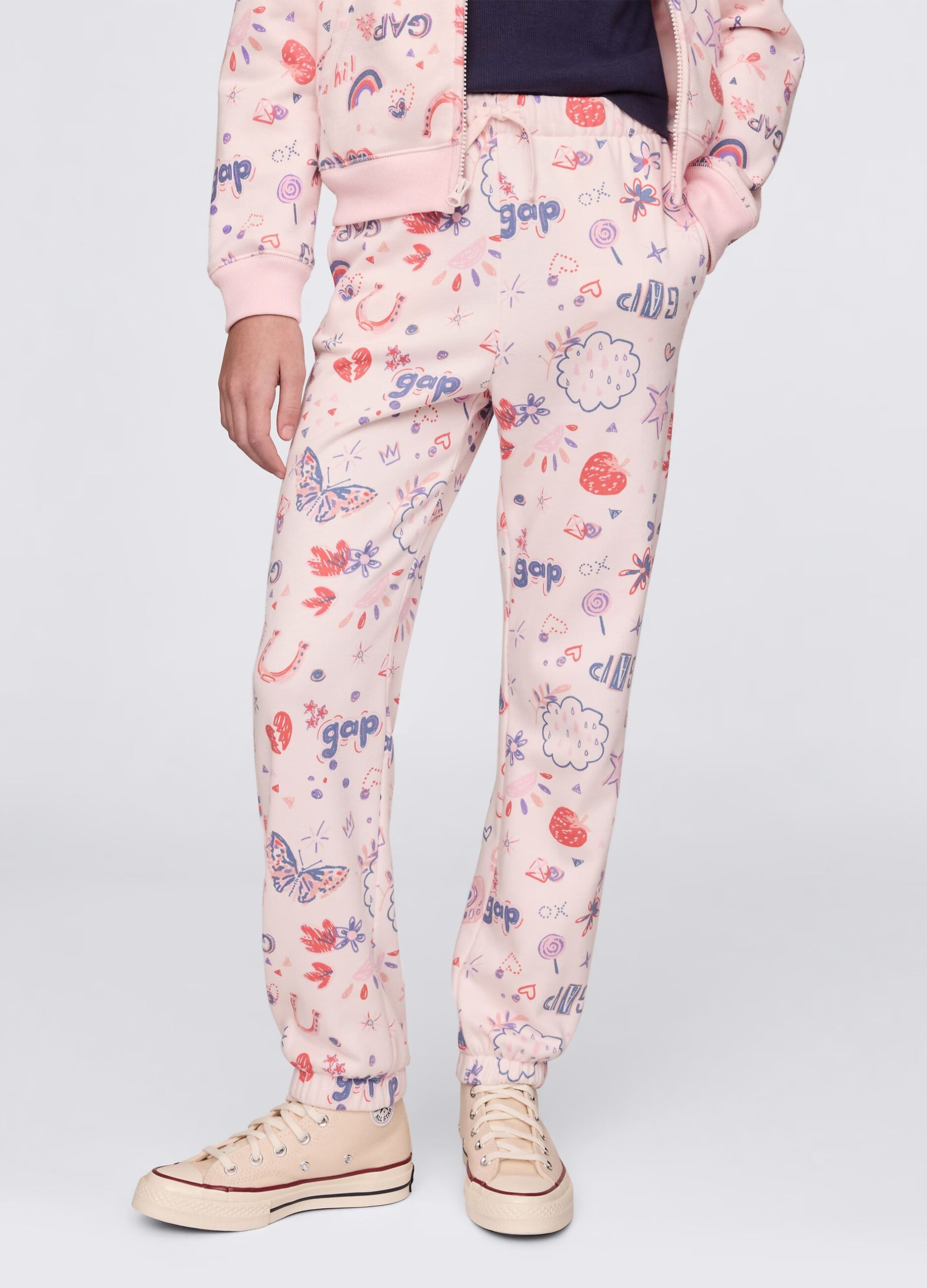 Pink joggers with drawstring and all-over print