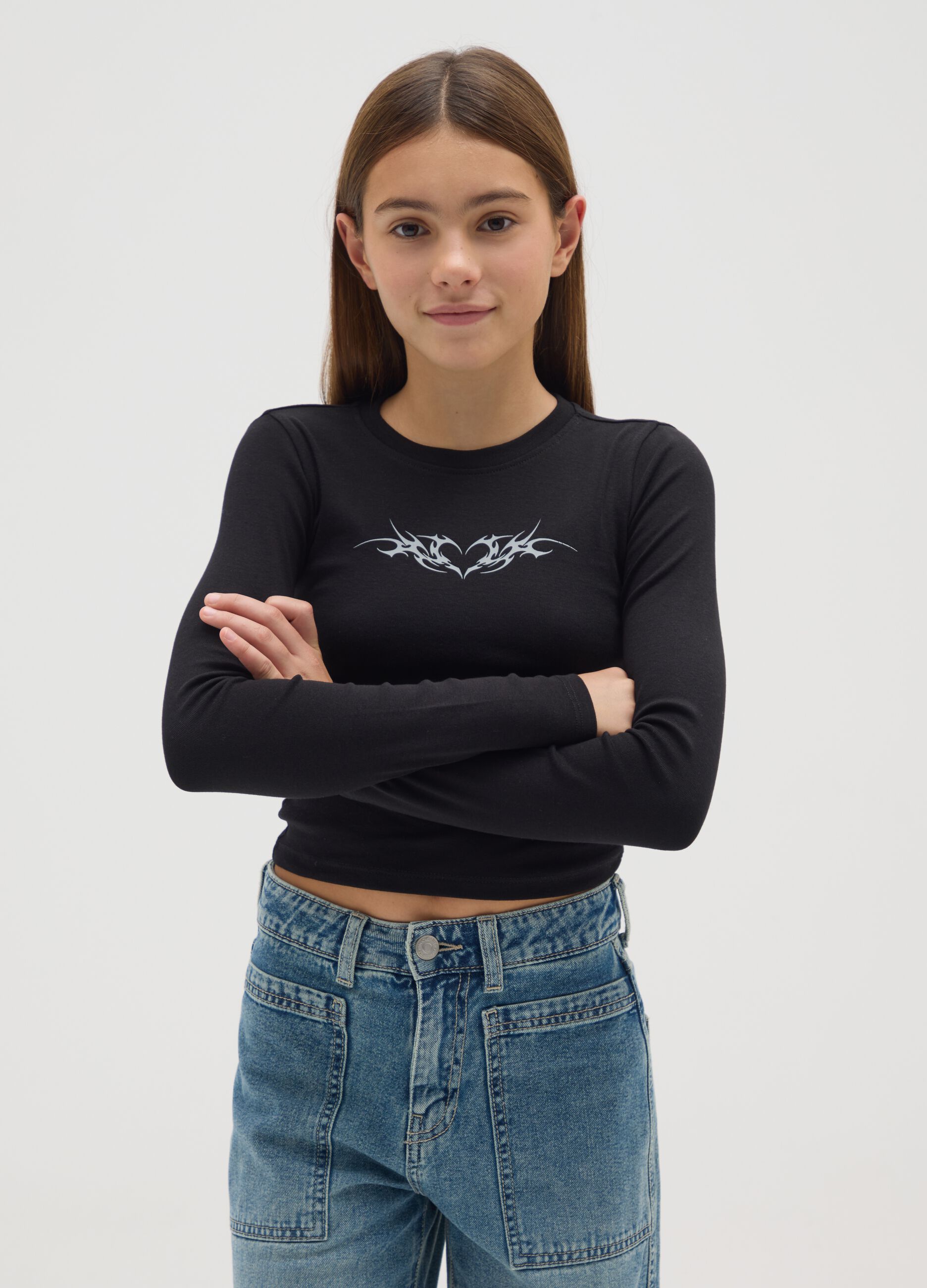 Girls' black stretch cotton regular fit top