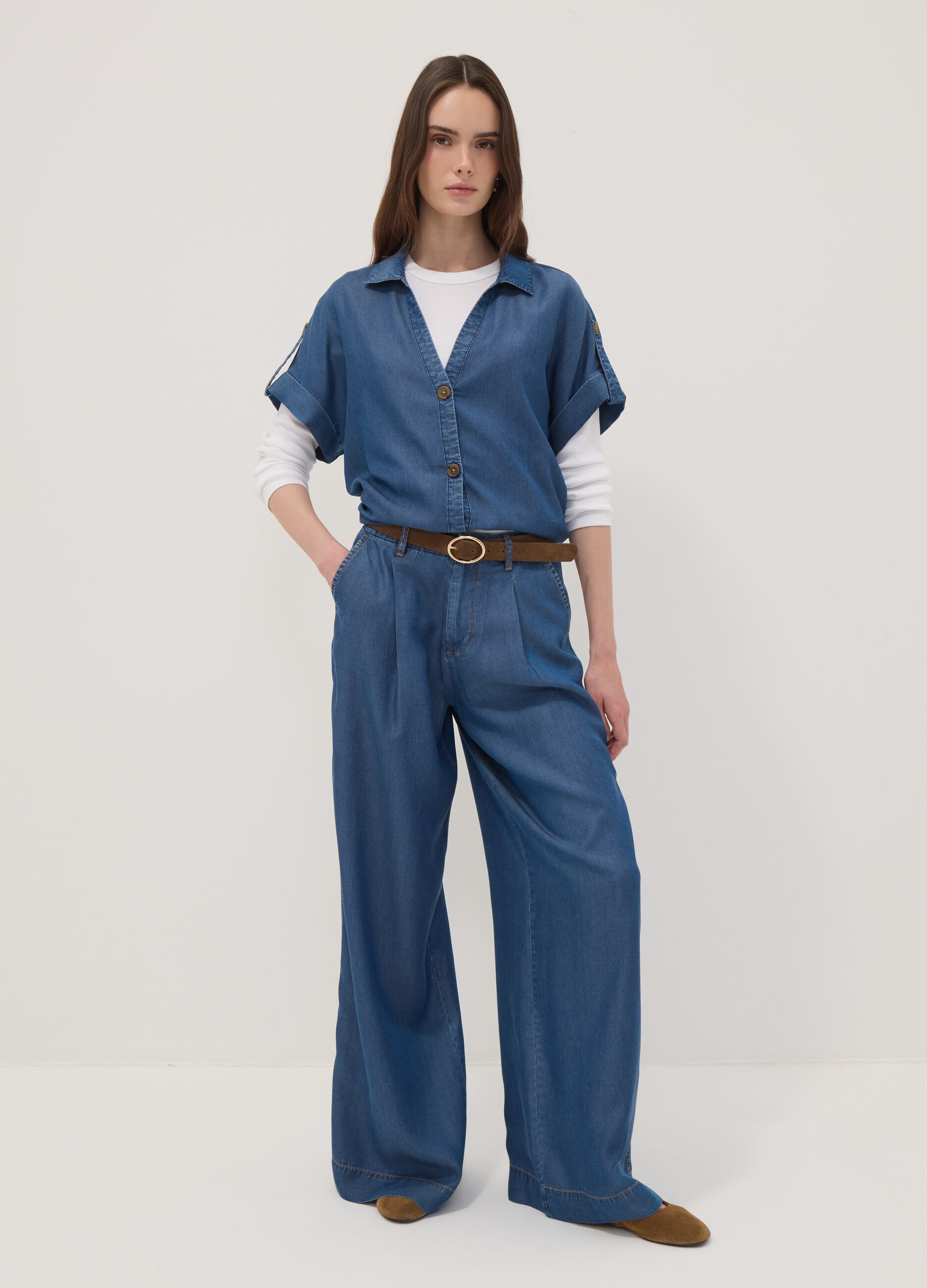 Blue wide-leg jeans in pure lyocell