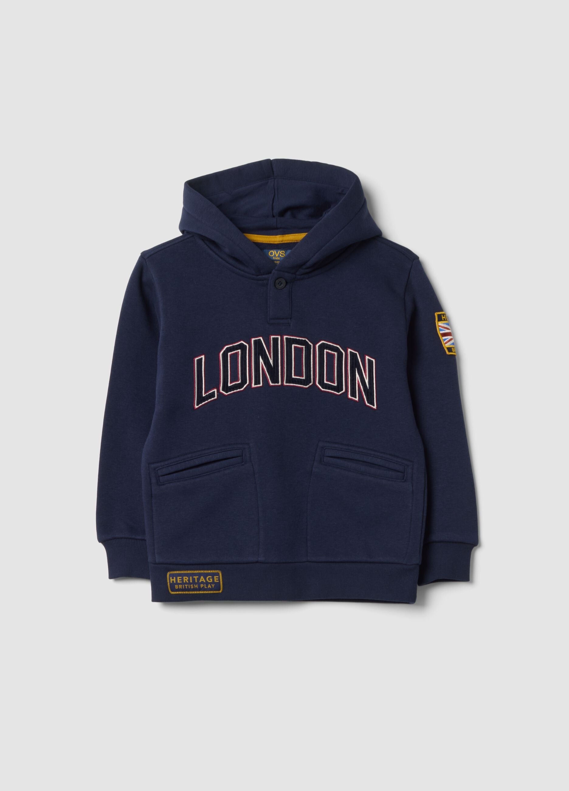 Felpa blu indigo con cappuccio in misto cotone e bottone regular fit