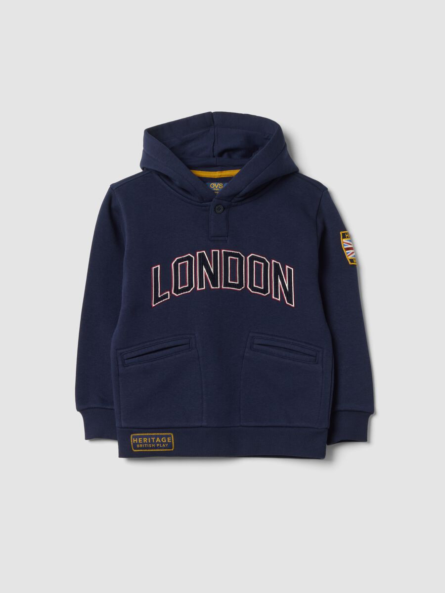 Felpa blu indigo con cappuccio in misto cotone e bottone regular fit_0