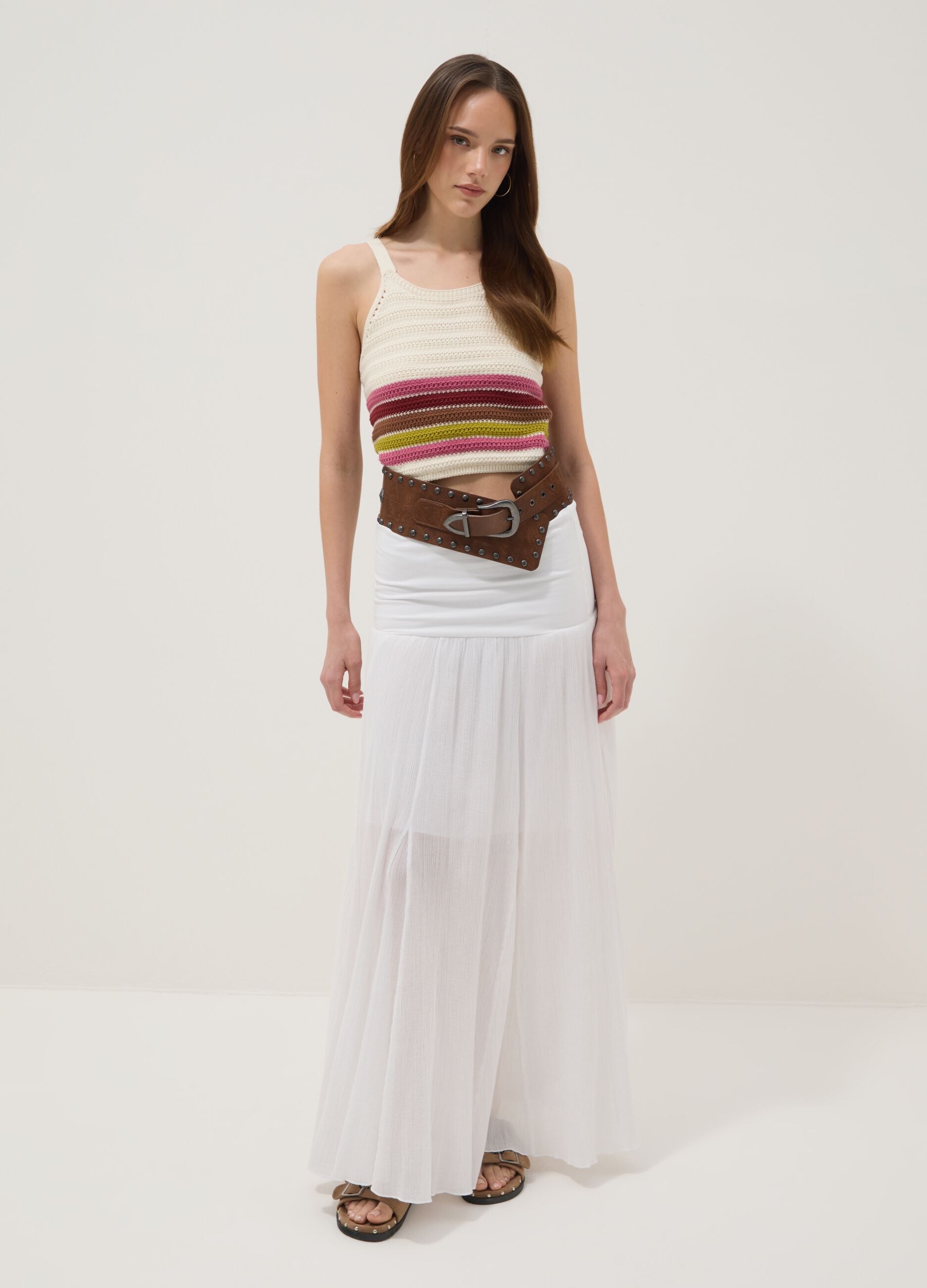 Fitted pure cotton multicolour striped knitted top