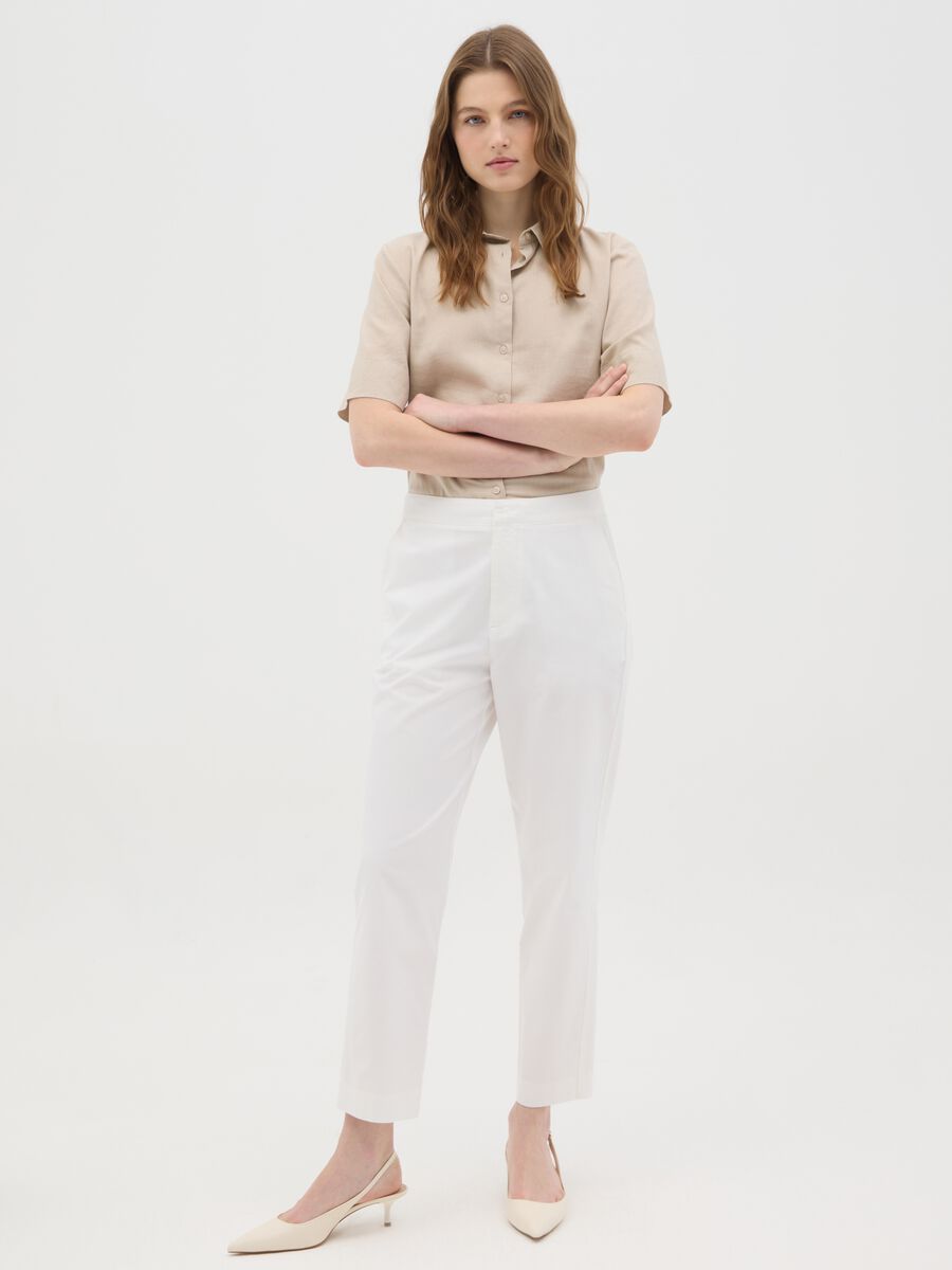 Women's pure white cotton trousers, regular fit with high waist_0