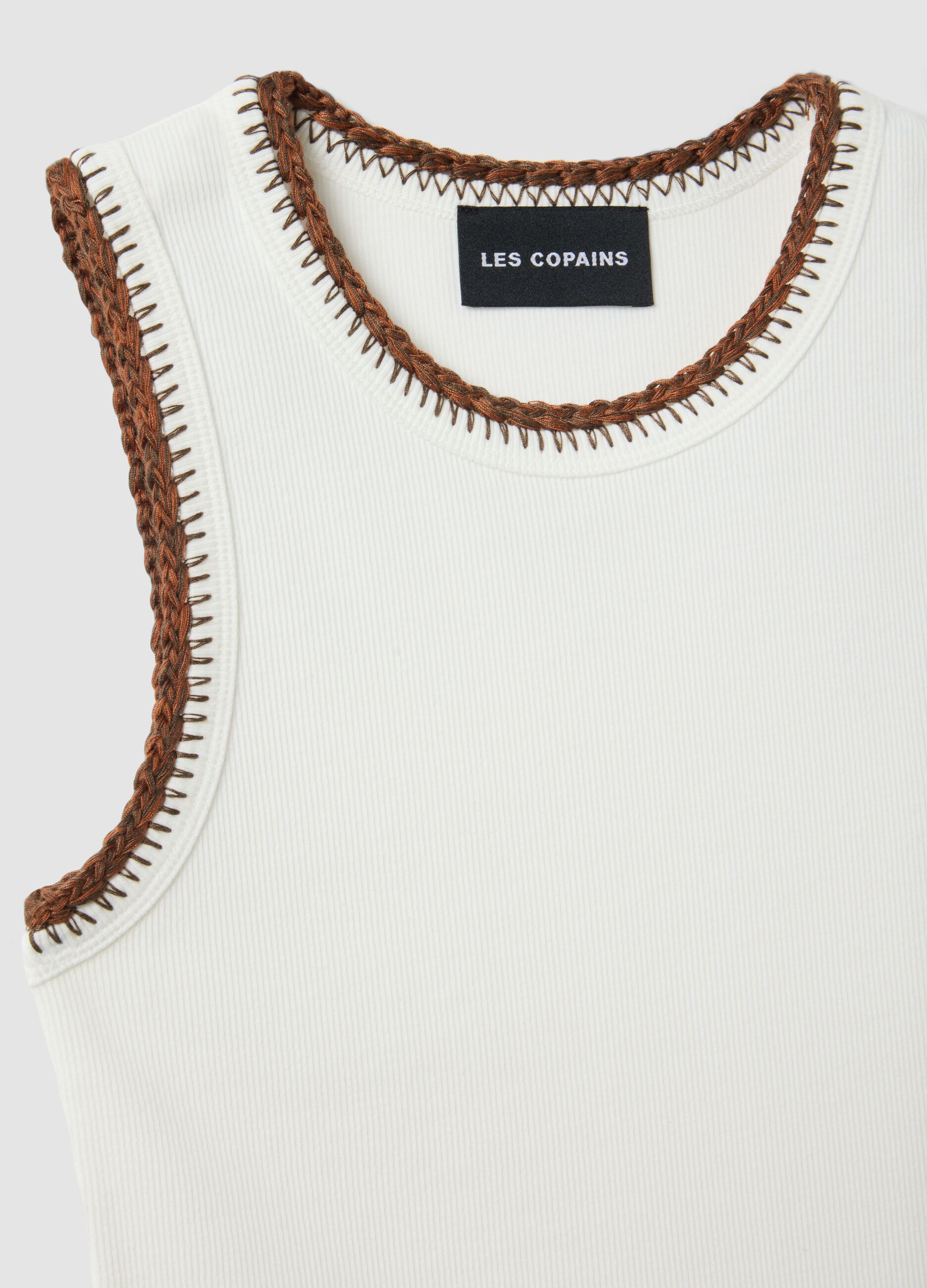 White Stretch Cotton Vest Regular Fit with Embroidered Edges