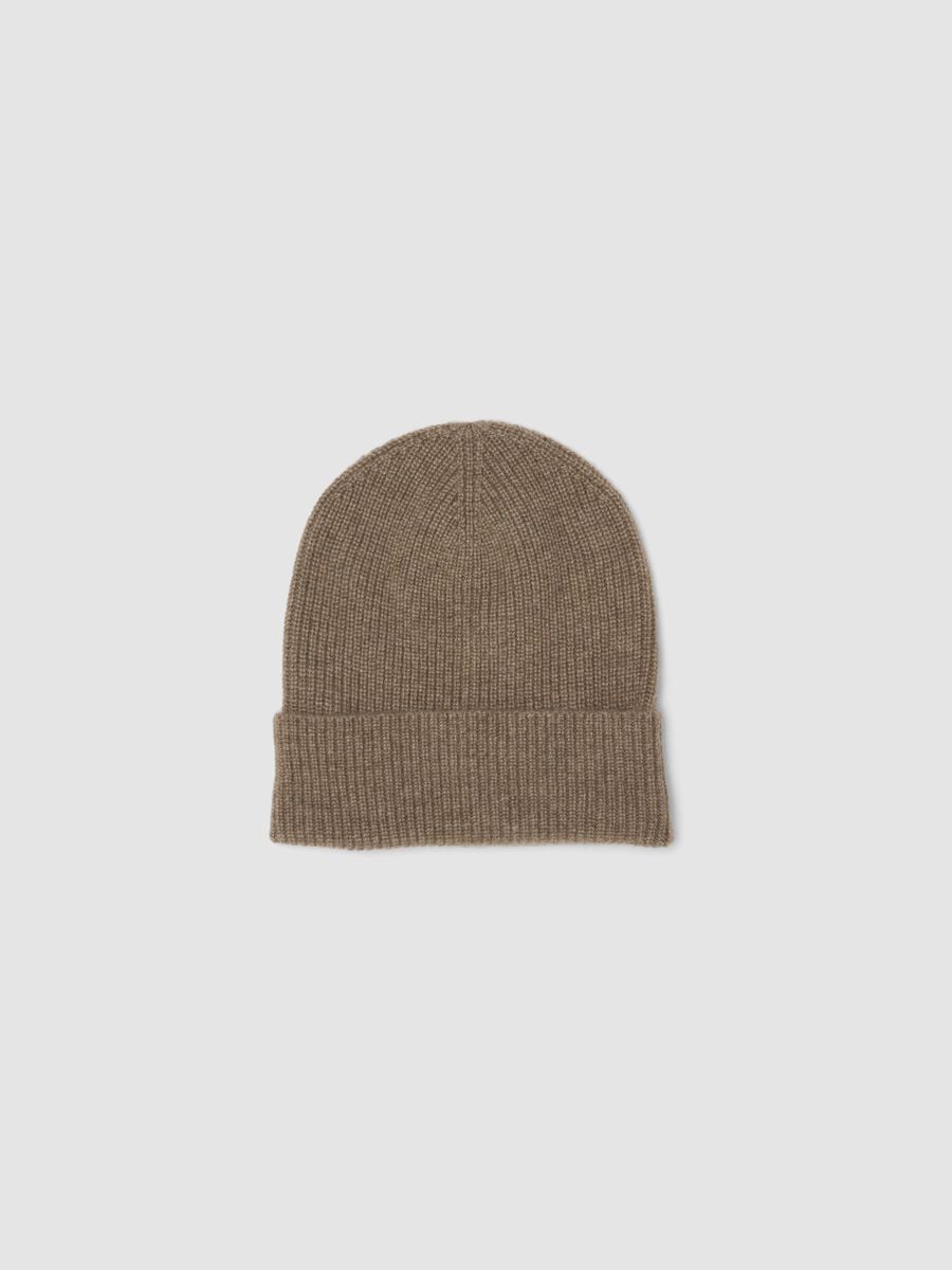 Beige ribbed pure cashmere beanie_0