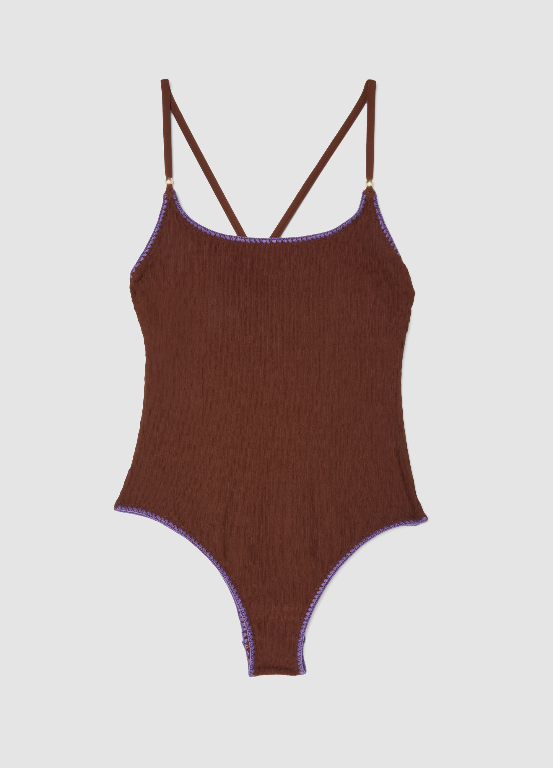 Brown ribbed stretch fabric swimsuit