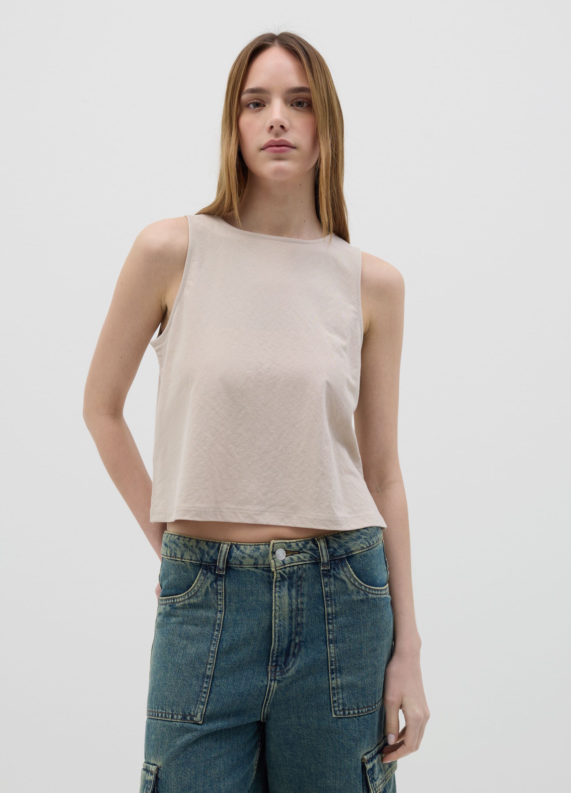 Women's cropped waist top in beige viscose blend with regular fit
