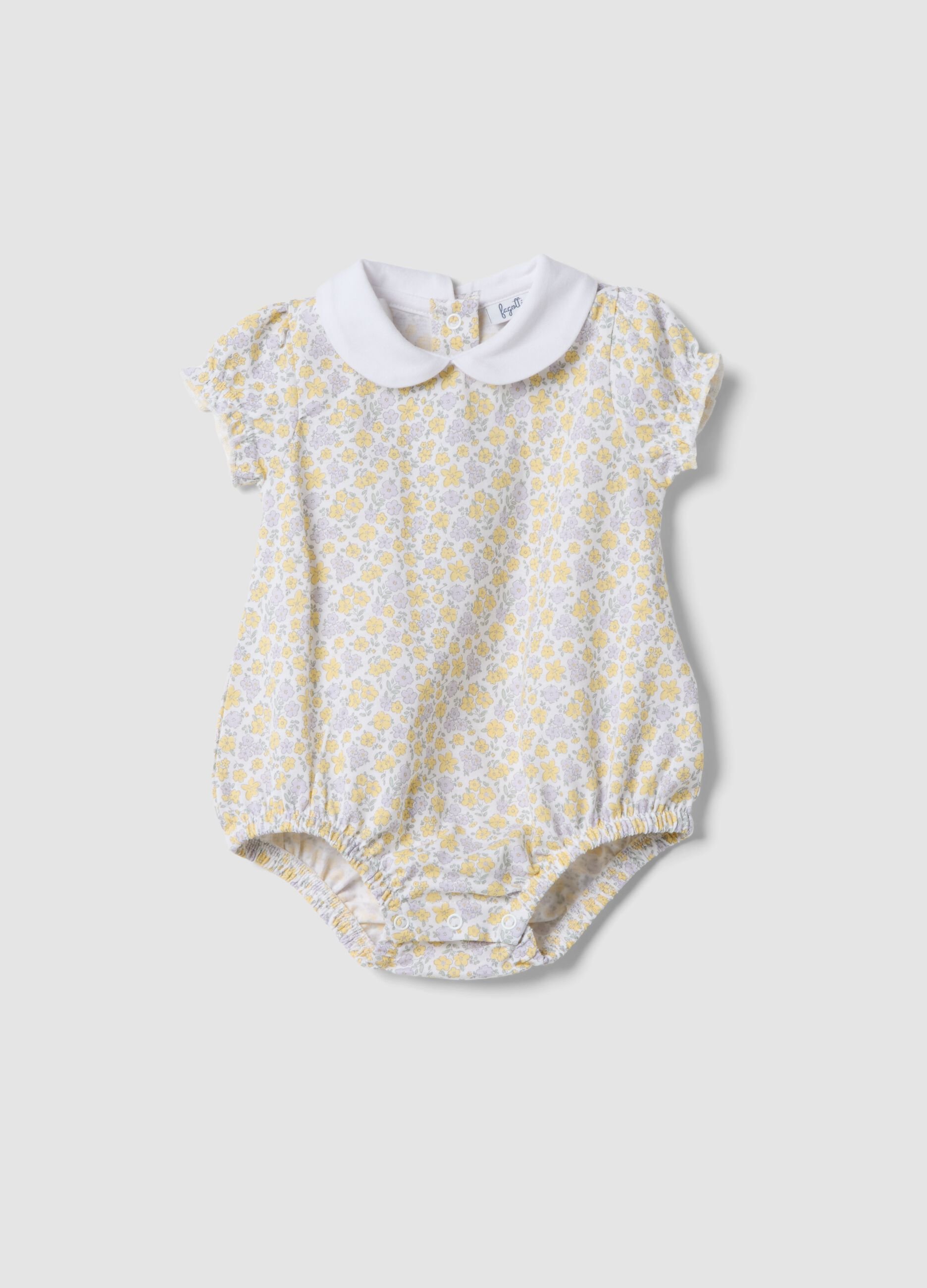 White pure organic cotton bodysuit with collar and floral print